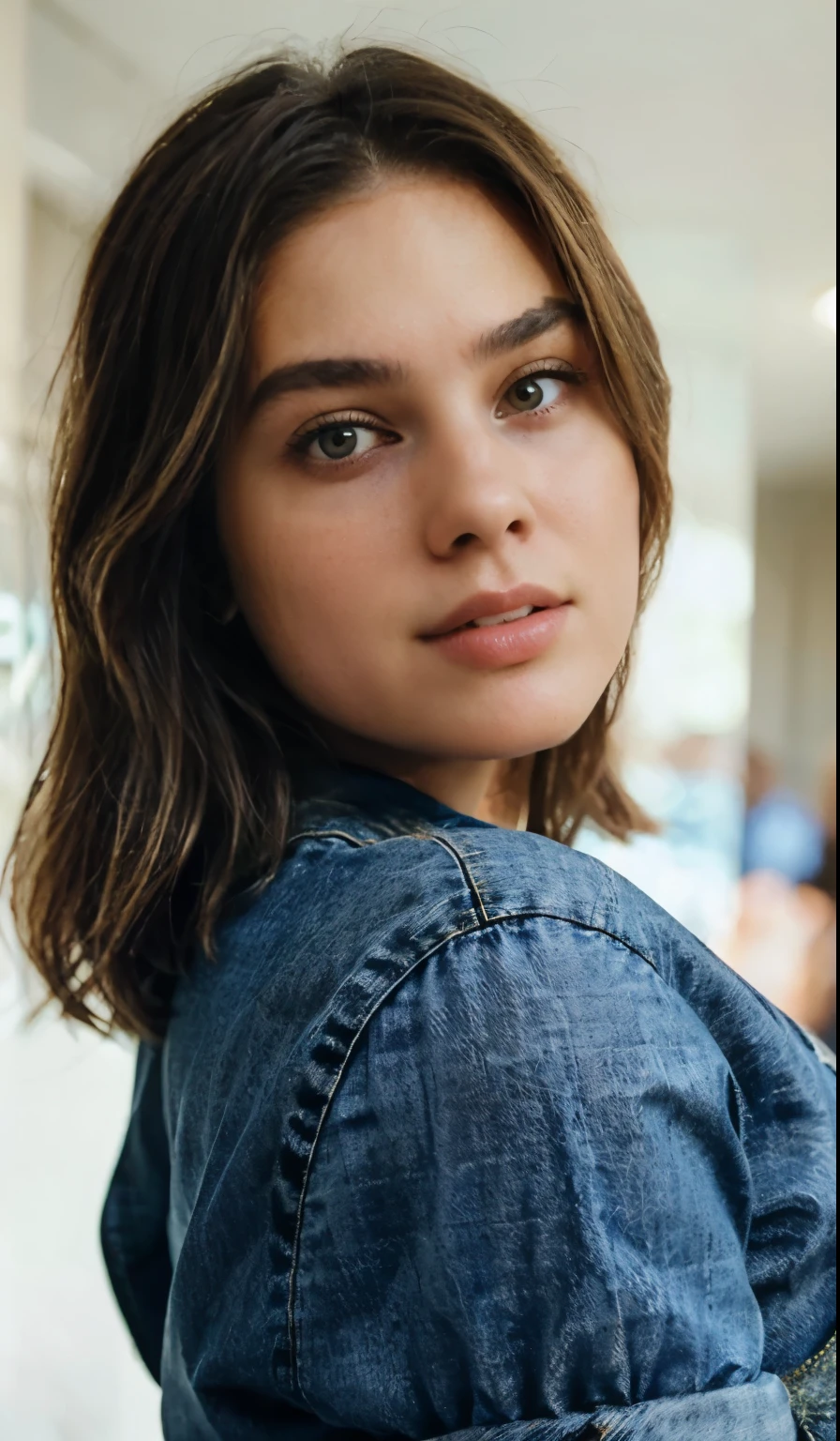Buetifull girl from the 90s, 90s styled womens hair, wearing jean jacket, wearing jeans, yountg, 90s styled hair, close up of face, highschool book photo, strong jaw line, dimples, hair parted to the side, shag haircut, curvy body, plump ass, medium sized breasts, looking straight foward at camera, close up of face, close up of face, close up of face,