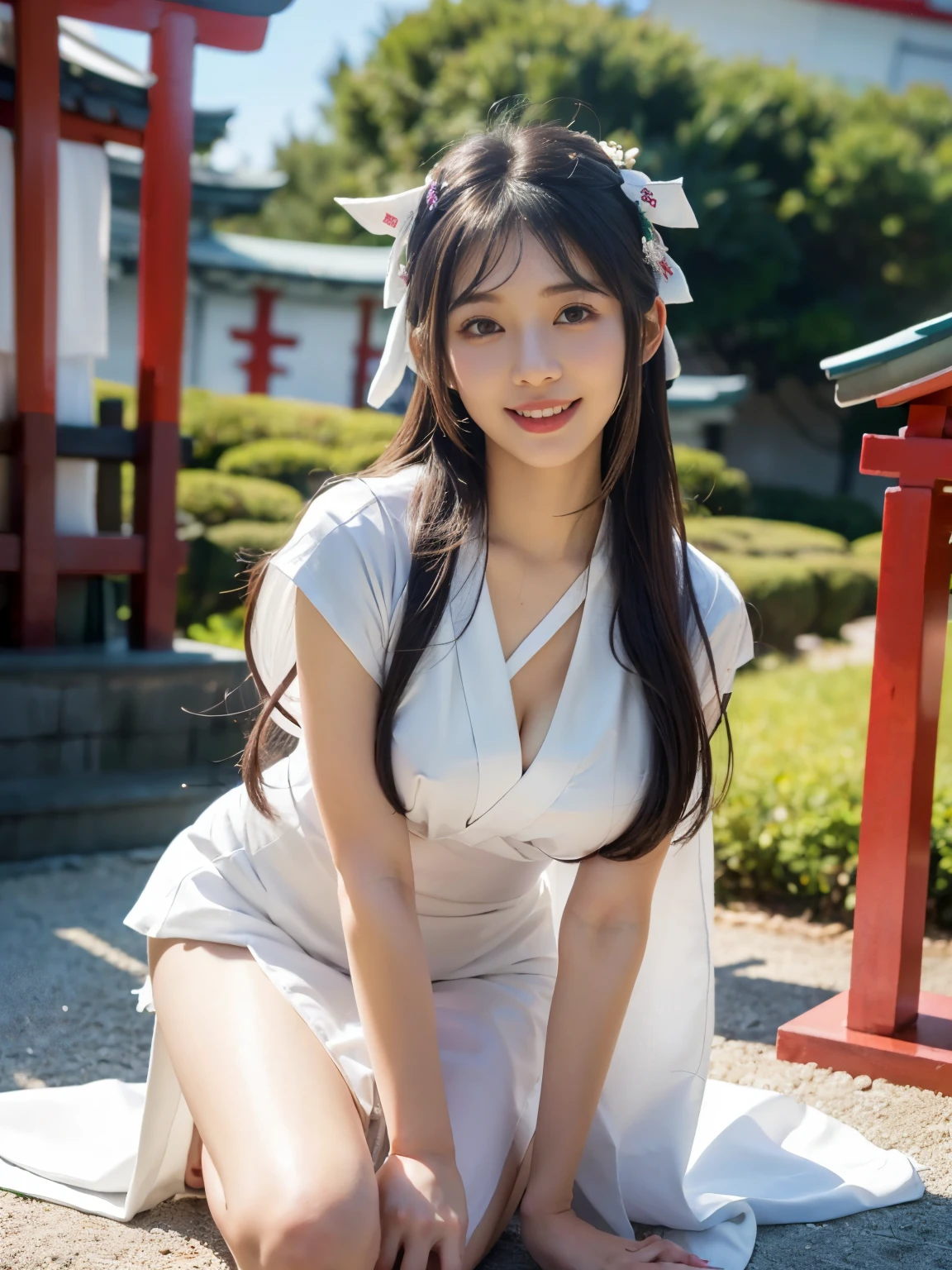 whole body、full body、一人の日本人のbeautiful女性、Age 25、clear、Gal、Pitiful、beautiful、Large Breasts、White kimono、smile、smile、teeth、sexy、background is kyoto、one girl