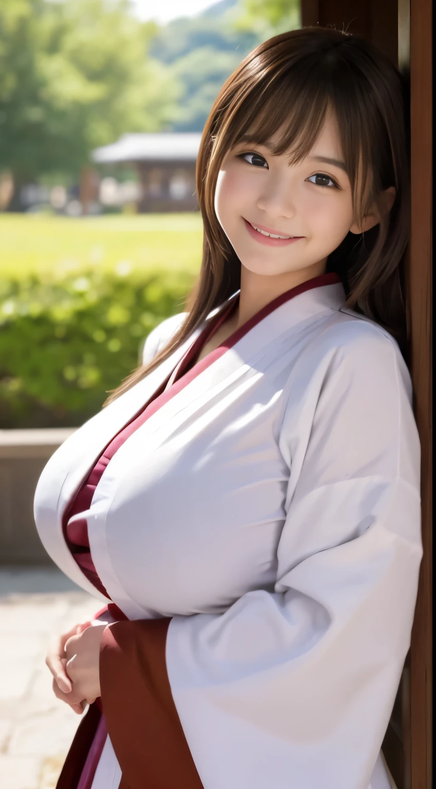 girl.................,, shrine、kimono、miko、Lori, , Sakimi-chan,, nice and cute, innocent smile, , nice smile, Sakimi-chan HDRI、loli big brets、,(Big breasts that are about to burst:1.20),(beautiful big breasts 1:1)、brown hair、brown hairの髪、beautiful eyes、little girl wirt bob