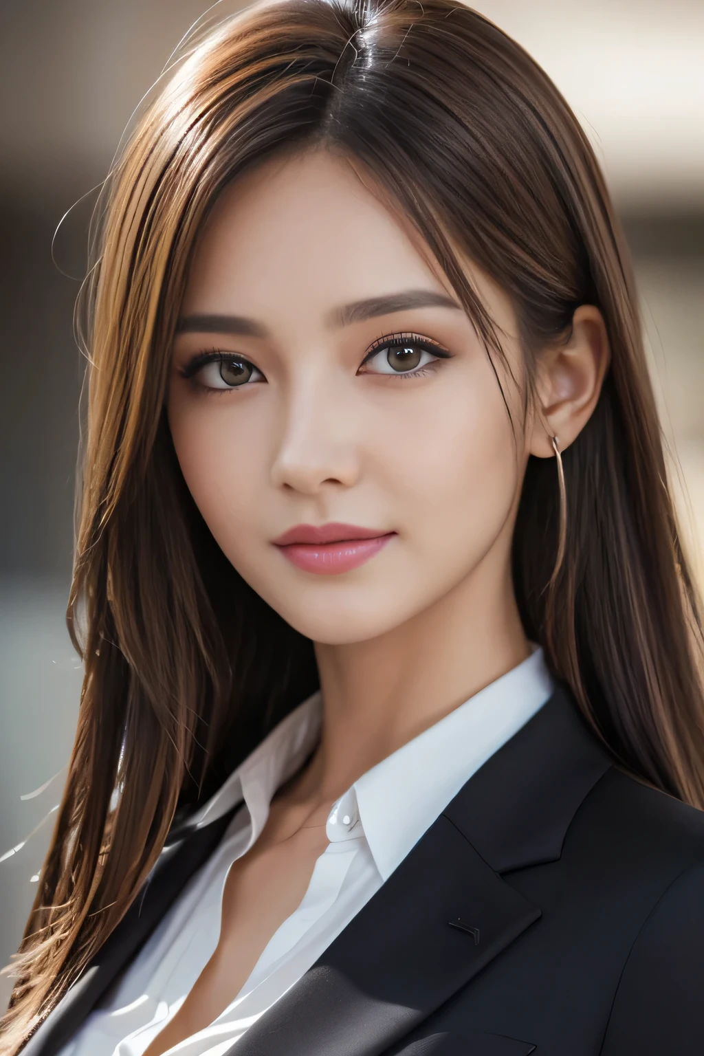 pieces fly, highest quality, realistic, Super detailed, finely, High resolution, 8K Dende Wallpaper, 1 beautiful woman,, light brown messy hair, in a business suit, sharp focus, perfect dynamic composition, beautiful and detailed eyes, fine hair, Detailed realistic skin texture, smile, Close-up portrait, model body shape
