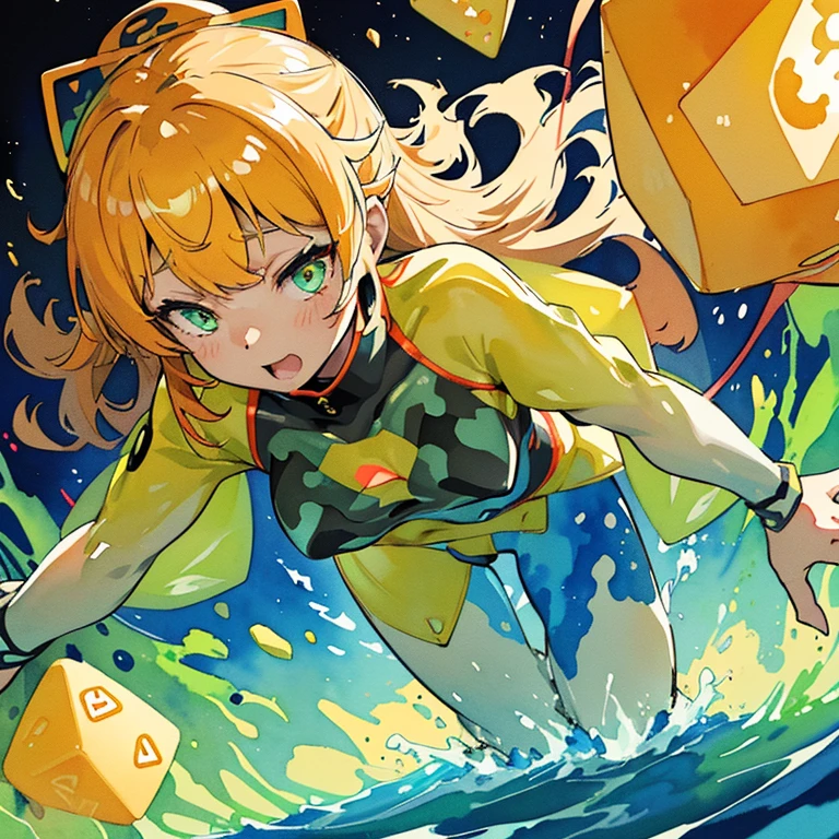 Optical camouflage dust girl 、amazing dynamism、amazing angle、unstable buoyancy sandstorm、((((Lots of friendly pentagons floating and glowing to chase you))))((Surrounding each other with random colored watercolor paint))
