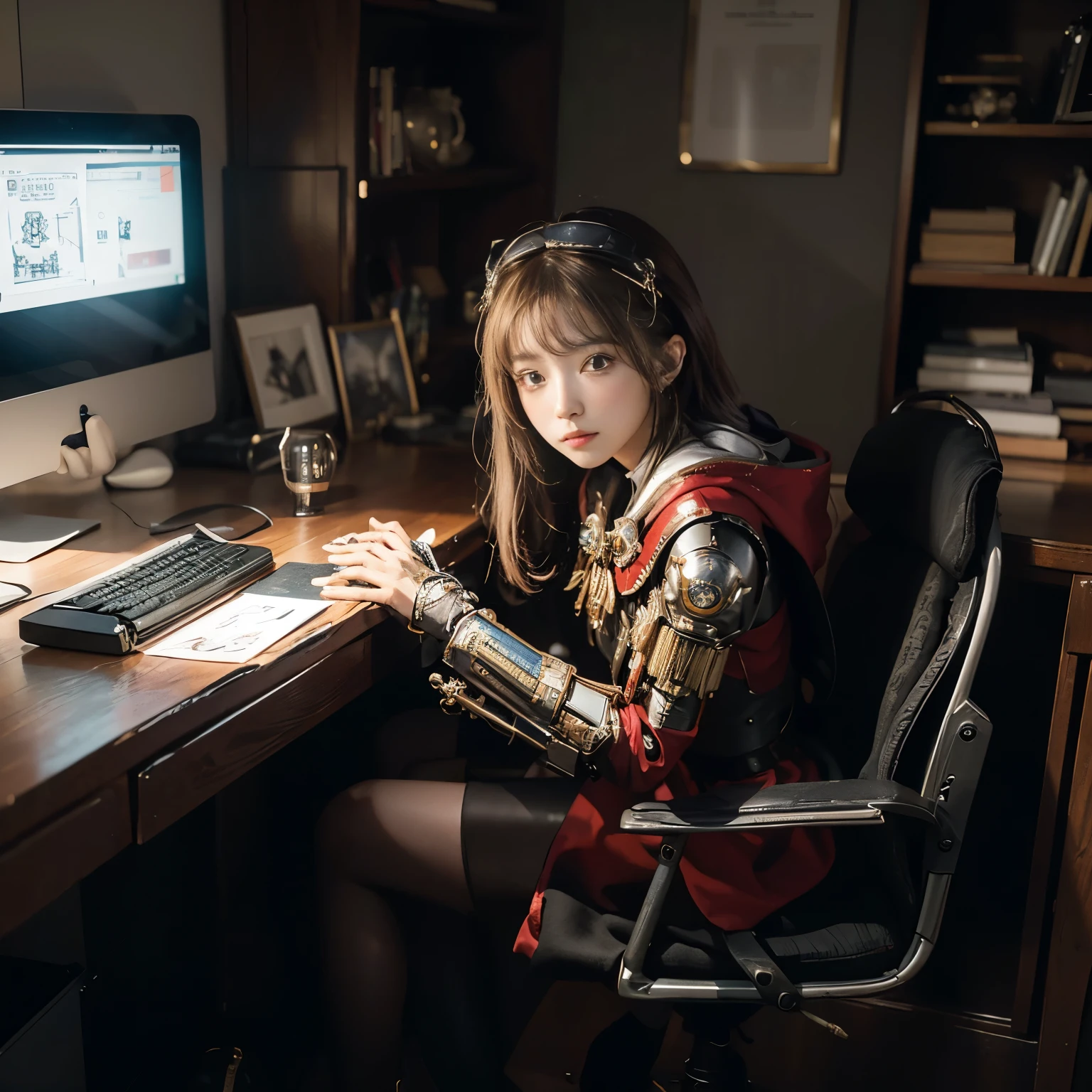 The photo is、 (cute type) Adeptus Mechanicus girl. Her gaze is penetrating, and her face is hidden under a mask with monitors and LEDs. Graceful mechanical limbs complete her elegant appearance, And her outfit is、Highlighting her strength and uniqueness in the world of technology, big head, cute type girl, red cloak , laughter, (((Little)), full body, full legth,  