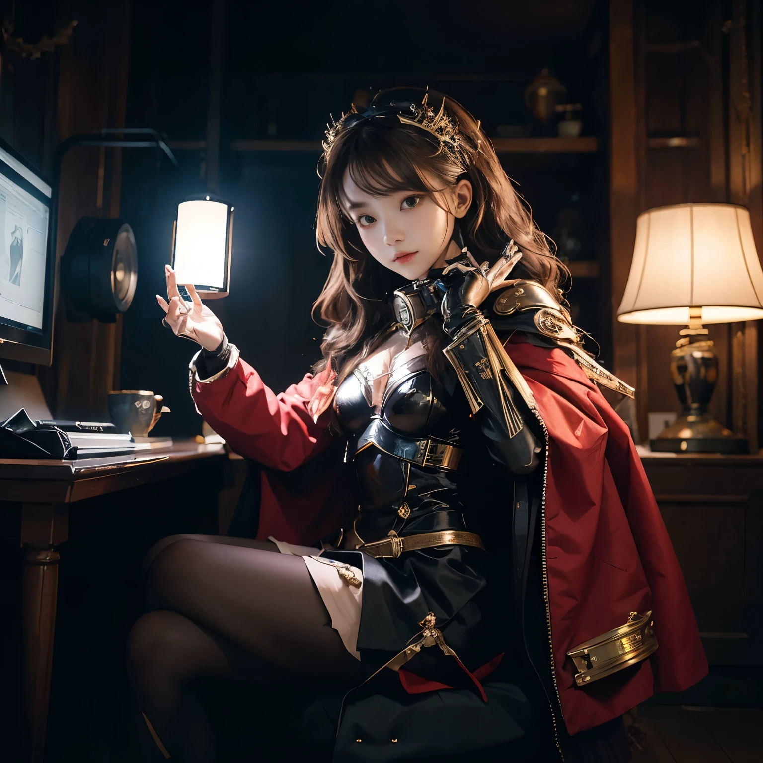 The photo is、 (cute type) Adeptus Mechanicus girl. Her gaze is penetrating, and her face is hidden under a mask with monitors and LEDs. Graceful mechanical limbs complete her elegant appearance, And her outfit is、Highlighting her strength and uniqueness in the world of technology, big head, cute type girl, red cloak , laughter, (((Little)), full body, full legth,