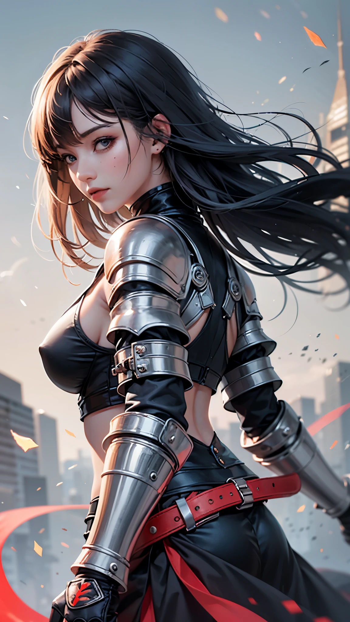 hyperdetailed anime realistic girl, black hair, promiscuous red samurai armour, beautiful face, dynamic low angle pose, standing in battlefield, MeinaUnreal model. --auto --s2
