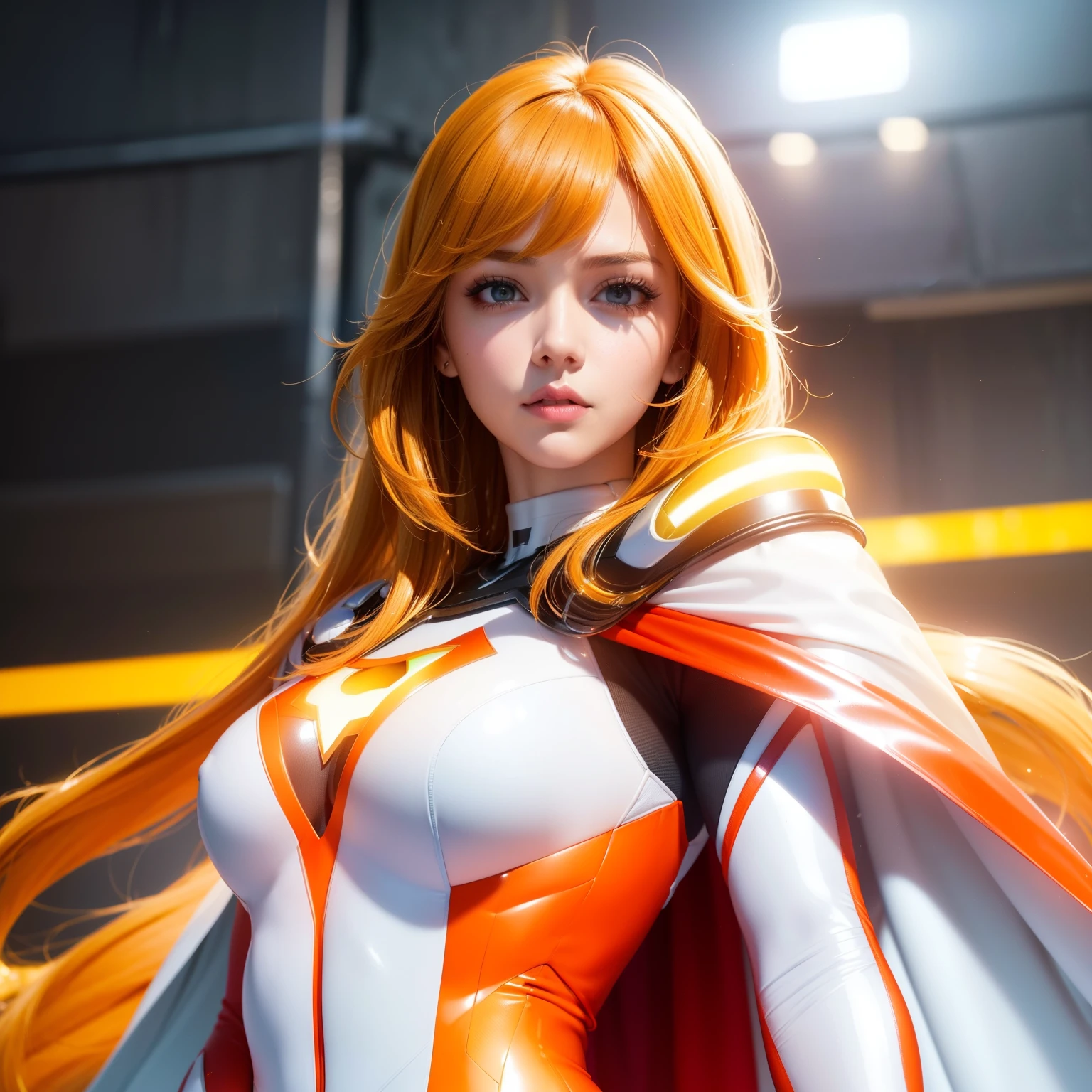 Bust to waist ((perfect beauty face)) perfect skin, hyperrealistic masterpiece, Superheroine woman ((fringe glowing colorful)) in extremely complex & superdetailed tight plugsuit ((with white cape)), sharp focus, cinematic illumination: 8k, (((neos-cyberpunkcore aesthetic style::1)))