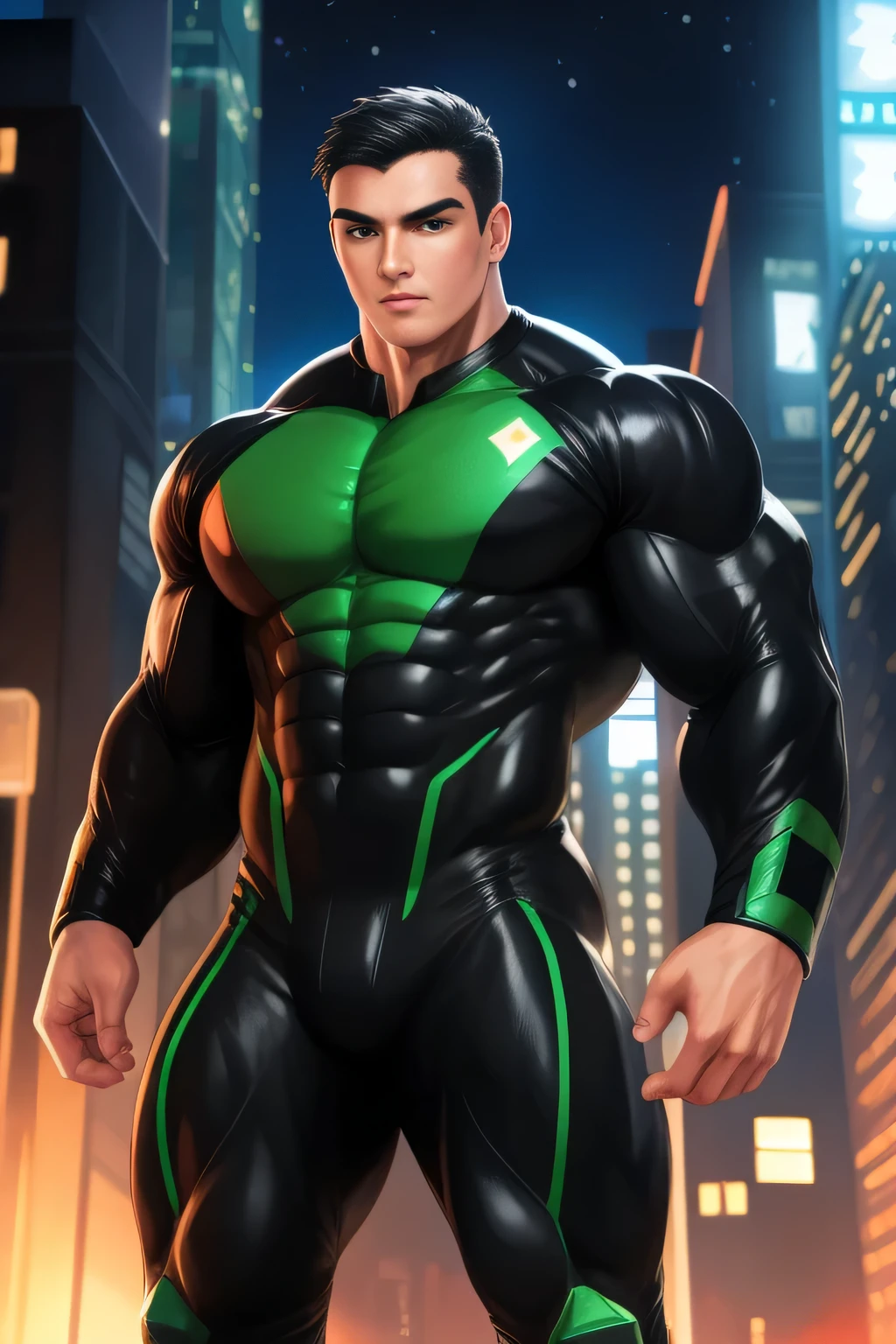 Competitive teen bodybuilder pro, nj5pielry, (human boy, Massive, manly, huge, muscular, Gigachad), boy, very attractive boy, mexican ethnicity. TEEN , TEEN. ((Extremely realistic shadows, Masterpiece, extremely detailed, photorealistic)), human, hornless, mischievous expression, Without beard, white teeth, ((Detailed face)) nose, brown eyes, ((detailed eyes, delicate eyes, realistic eyes)), tanned skin. Conan Exiles Style, standing front, young superhero (young face) ready to fight, top rated pixiv, wears a Bodysuit, chiseled abs, chiseled pecs, 470 kgs, front view, even shoulders, perfect massive muscles, inflated muscles, voluminous pectorals, massive muscular body, a huge gigantic chest with a narrow waist, huge shoulders, ridiculously well-shaped large pecs, eight chiseled abs, arms thick as trunks and formidable thighs. (very toned and huge) hhis ridiculously broad shoulders, his absurdly wide back and his indecently muscular backs of arms, thick and defined thighs, huge and very voluminous and bulging pectorals; A muscular bodybuilder in the making. A potential competitive bodybuilder. Even the back of his head was hot, with his jet black military haircut and voluminous neck, narrow waist, superhero, Jet Black hair, military haircut, white sclera, blue eyes, no horns, d&d character, brave superhero, human, handsome face, young. City background, skyscraper, futuristic city, night, stars, night lights, skill image, looking to the viewer, hero whose presence inspires trust and respect. (((His hero suit is black and green.)))