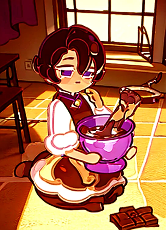 Chocolate Churros Cookie lying down on Floor in Classroom, black hair, short hair, two side up, bowl cut, scar across eye, mole under mouth, purple eyes