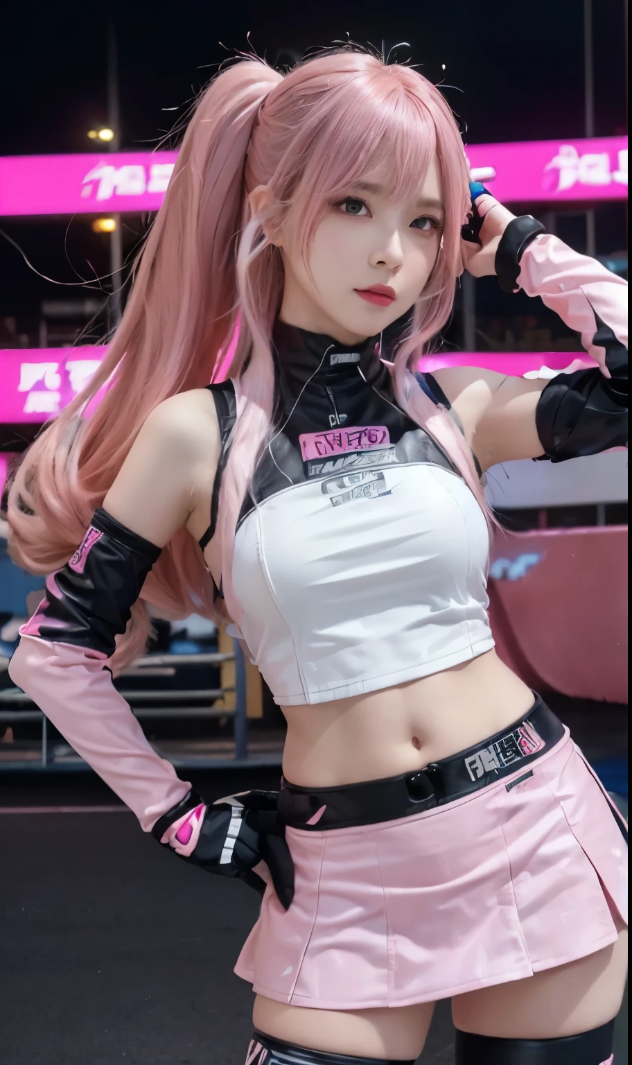 (Solo), (Detailed Full Body RAW Photo of a Girl), (Best Quality: 1.4), (Ultra High Resolution: 1.2), (Photorealistic: 1.4), 8K Resolution, Canon EOS R5, 50mm, Absurdity, Ultra High Definition, (18yo), Sharp Focus, Cinematic Lighting, Detailed Beautiful Face, (Heavy Makeup), (ull Zzang-6500-v1.1), Petite Figure, Fine skin texture, pale skin, flat chest, (thin and fitted body: 1.3), thigh gaps, elongated blond hair, messy hair, (Avril Lavigne: 0.7), smile, (futuristic fashion, streetwear, high-tech fabrics, racing suits, fireproof materials, elbow knee pads, racing gloves: 1.1), contrappost, (Kpop idol), ( Azure Lane\), cityscape, outdoor, ((white + pink theme)