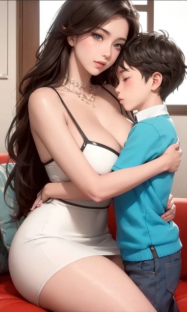 Faith and a boy hugging each other on the red sofa, arms around her neck, kissing together cutely, with children, grow up with her, extremely high detail!!, Realistic anime 3D style, touch her clothes, Super realistic picture, guweiz style artwork, lovely kiss, Popular topics on cgstation