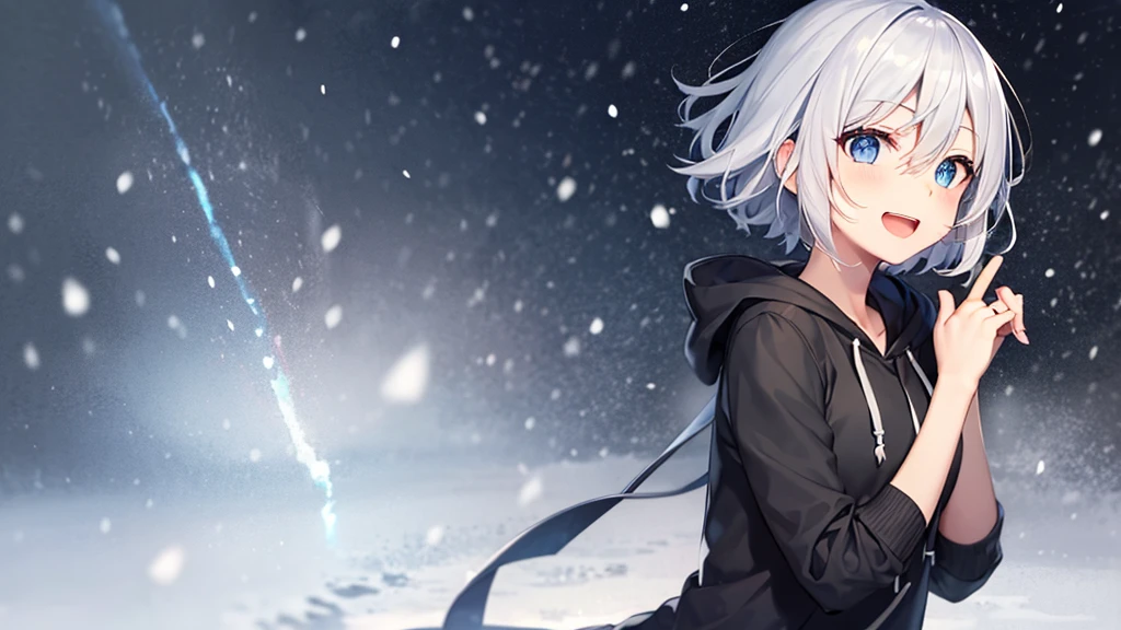 (muste piece: 1.2, highest quality), 1 female, alone, silver hair,show your shoulders,very short hair, long bangs between eyes, blue eyes,eyes are black, hoodie,gray hair, silver hair, hoodie, 白いフードhoodie、snow scene、laughter、open your mouth、five fingers、it's snowing、