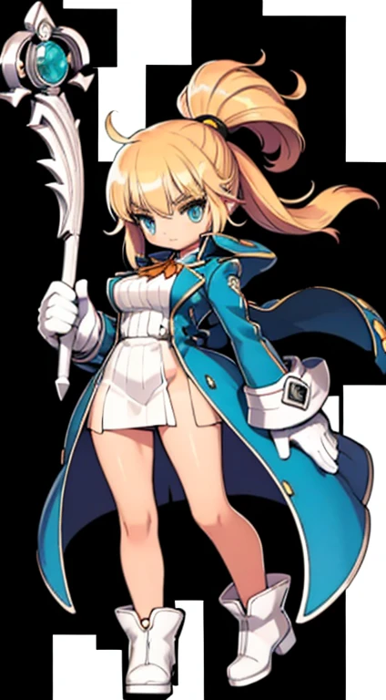 (((Best Quality))) , ((full body)), female, character design, solo, (white background), holding staff, gloves, jacket, side slit trench skirt, blue, orange, green, violet, brown, white, colorful outfit, standing pose, rib knit,