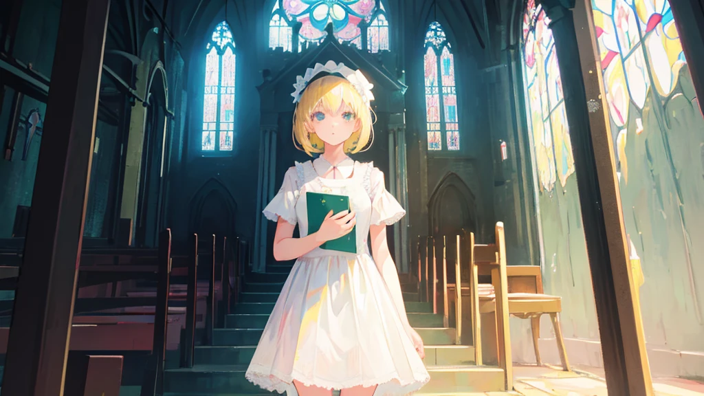 (1 girl, blonde hair, white sundress, kawaii), (abandoned church, stained glass)