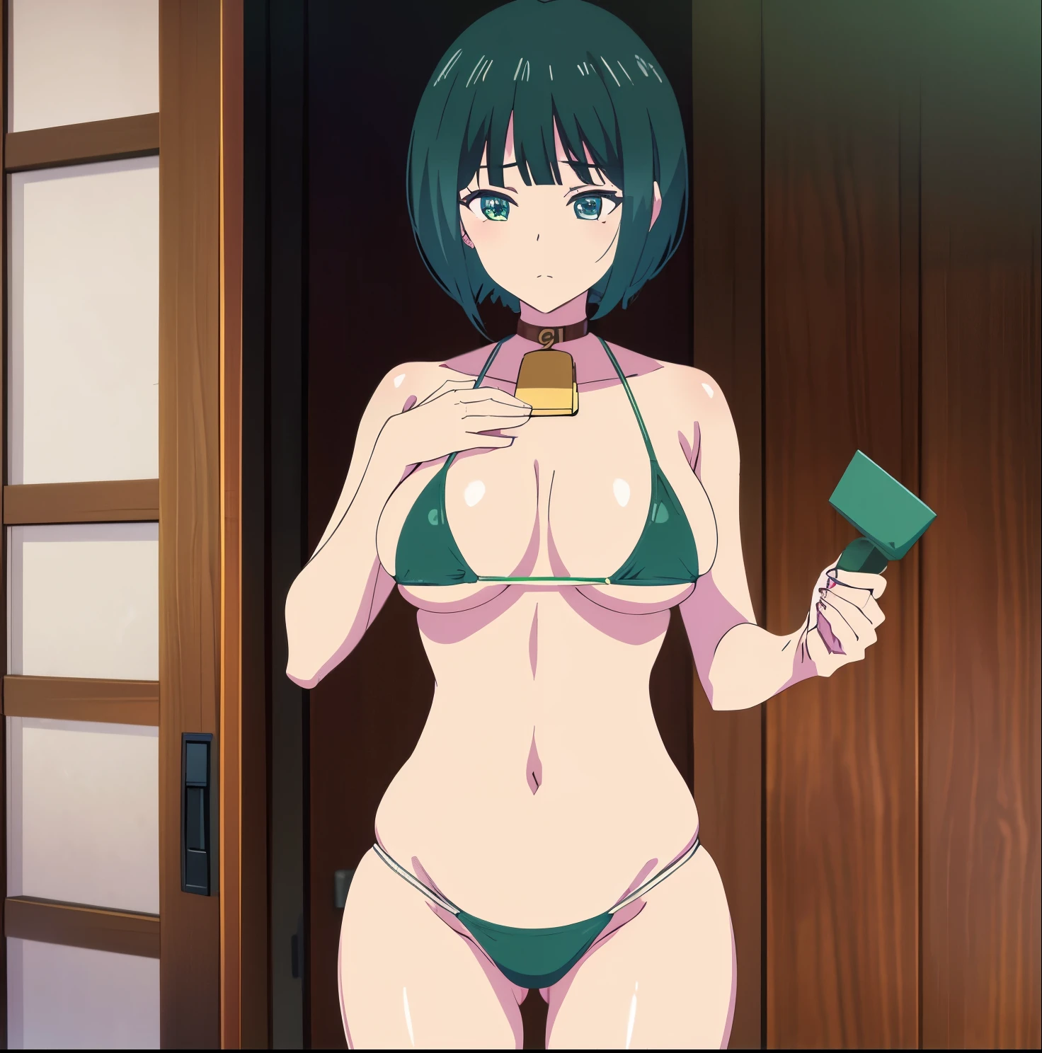 (masterpiece, best quality), shiragiku ono, short hair, dark green hair, dark green eyes, large breasts, medium waist, wide hips, medium thighs, cow bikini, ((cowbell)), bell on the neck, good anatomy, good hands