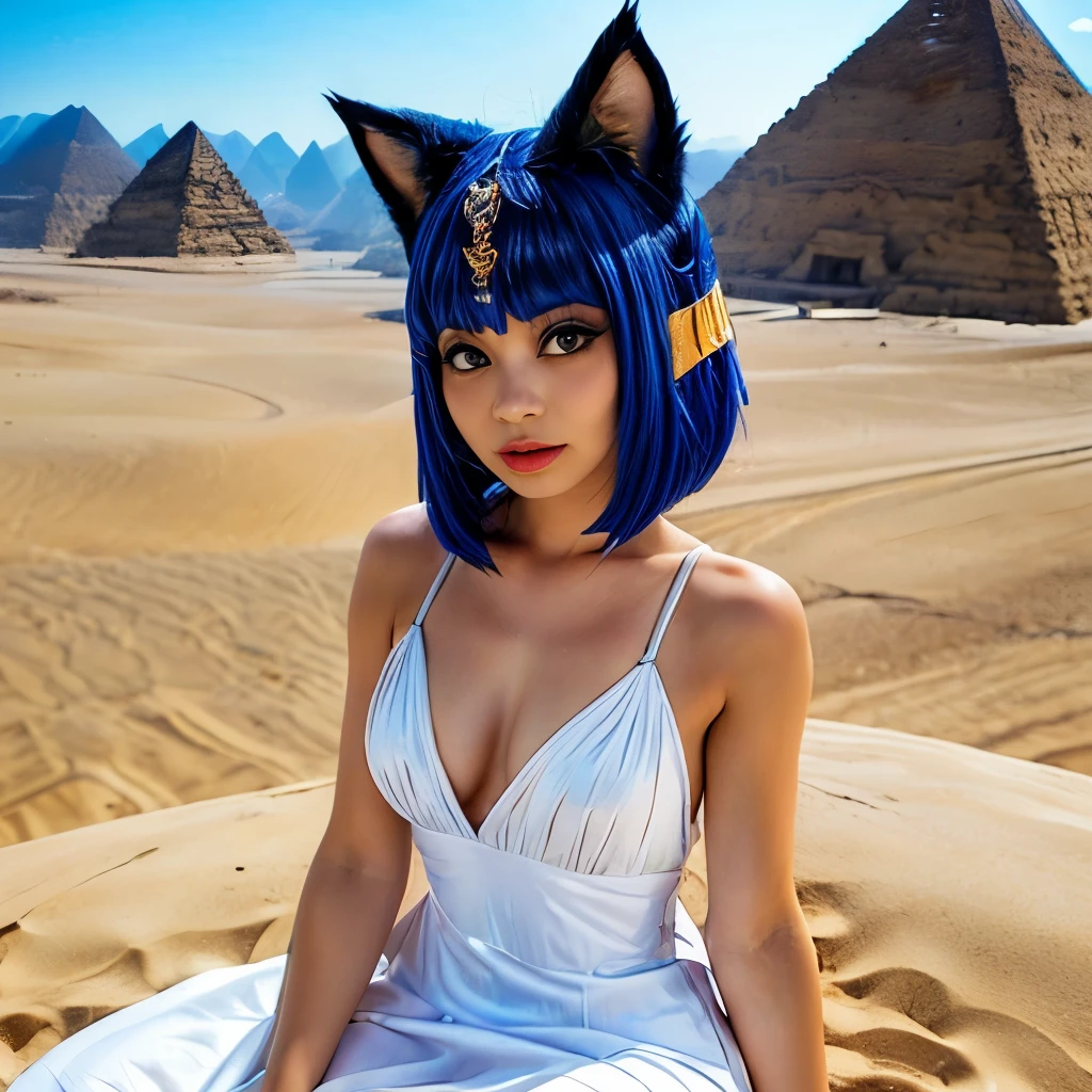 masterpiece, best quality, ultra-detailed, illustration, epic lighting, cinematic composition, 1girl, humanoid, human, ankha (animal crossing), yellow skin, cat tail, cat ears, short blue hair, bangs, white dress, sitting, large breastrom below:1.1), cowboy shot, (looking at viewer:1.1), outdoors, desert, sand, oasis, palm trees, river, pyramid, (8k:1.1)