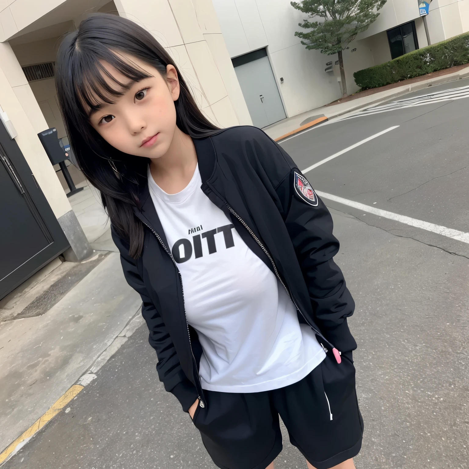 ((masterpiece)),((little ???)),(9 years old),black hair,random hair style,beautiful body,(baby face),huge boobs,jacket,open jacket,gigantic tits,white short sleeve,hands in pocket