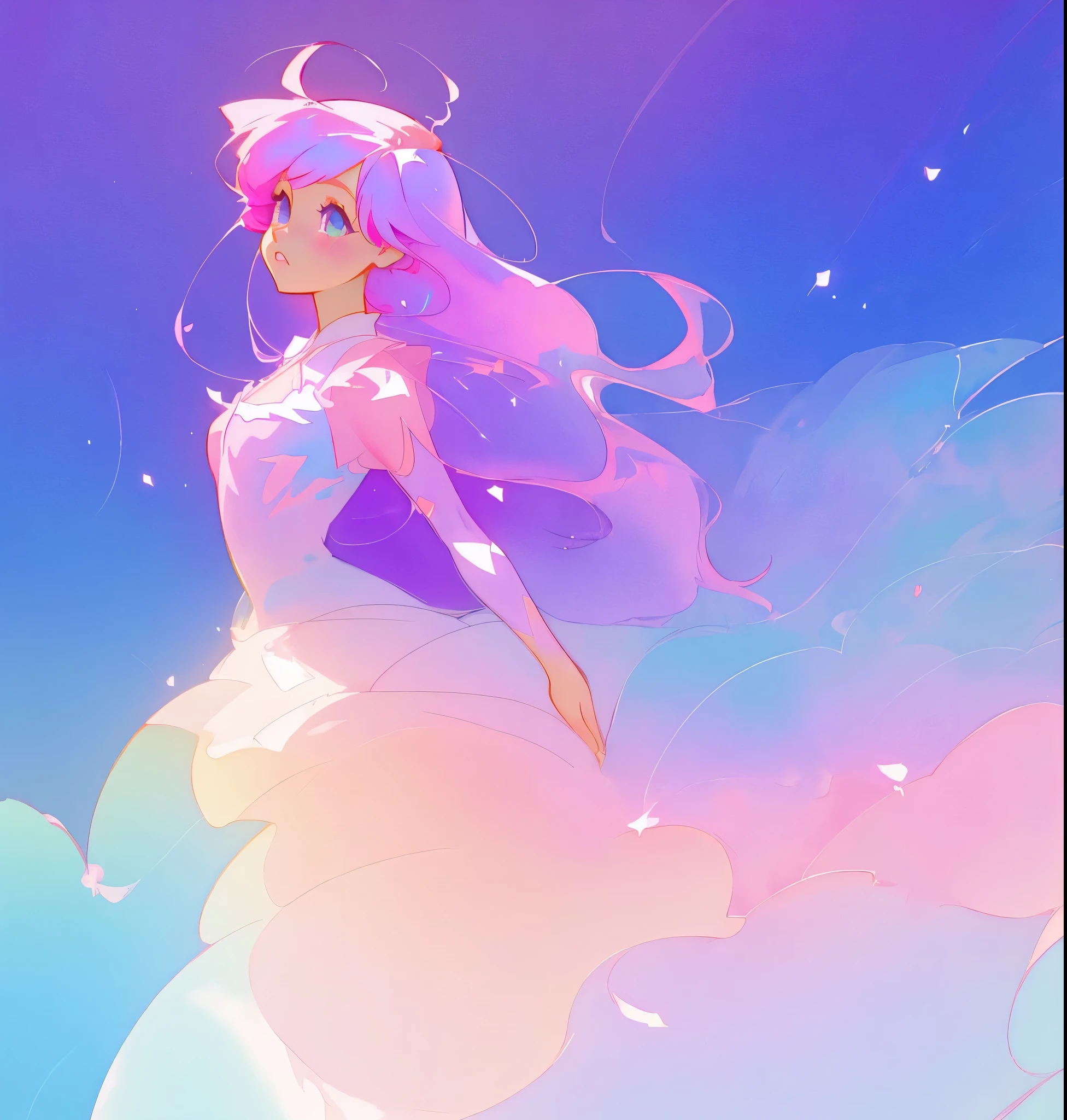 anime girl with long flowing pink-purple hair, sparkling puffy layered gradient liquid ballgown, colorful fantasia background, liquid watercolor, beautiful anime art style, ethereal, inspired by Glen Keane, inspired by Lois van Baarle, disney art style, masterpiece, best quality, sharp focus, intricately detailed, golden ratio