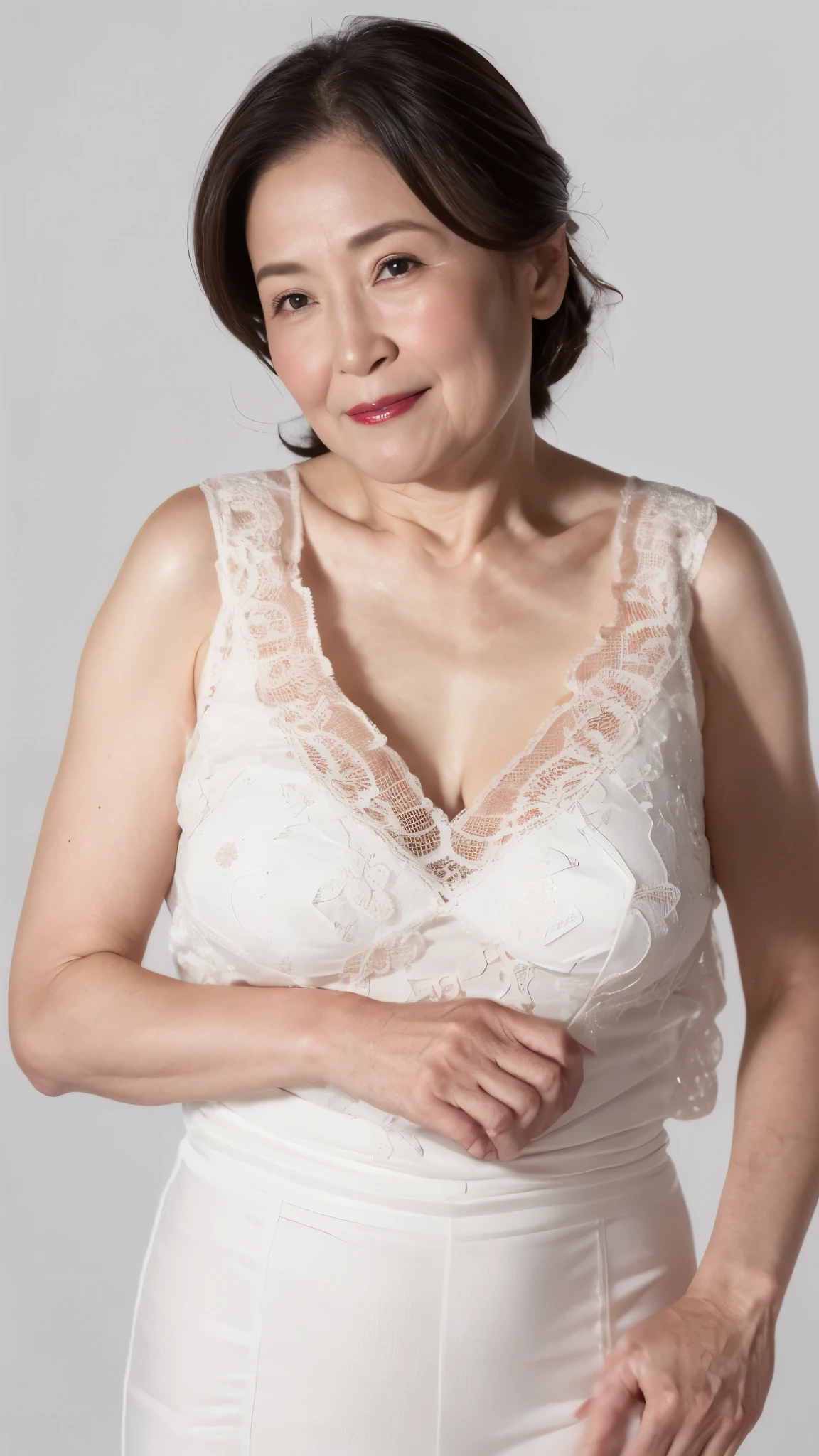 (((alone))), obscene expression, Elderly mature woman pure white background, gravure, facing the front, ((Center the screen)), Wear a slip, describe the lips correctly,red lips, fancy makeup, from the chest up, milf, highest quality, Super detailed, realistic, Super detailed細なスキン, perfect anatomy, (1 Japan), (positive), 95 years old, Tremendous big, Fashion Model, Glamour, Sexy, pure white skin, looking at the viewer,