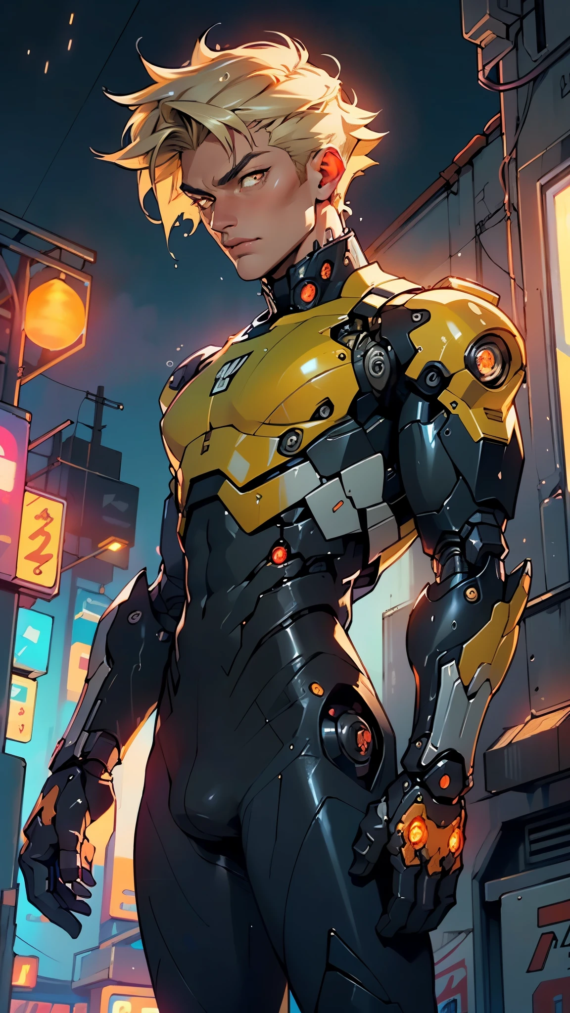 (man:1.5),1 man,archer man,(((1man))),((man with blonde short hair)),
(((1male,man:1.5,handsome man,male,male gender:1.5,male focus))),macho man,hero,
((messy hair,blonde short haircut,detailed blonde hair,highly detailed hair,blonde hair,colored inner hair)),(((lustrous skin:1.5,tanned skin,bright skin: 1.5,skin tanned,shiny skin,very shiny skin,shiny body,illuminated skin))),(((orange_eyes:1.2))),intricate eyes,beautiful detailed eyes,symmetrical eyes,((man chest)),handsome face,((muscular)),male jaw,((detailed face)),
manly,nsfw,
cyberpunk firefighter, ((mechanical arms:1.5, bionic arms:1.5)), futuristic firefighter uniform,((bulge in pants)),((uniform in black and orange colors)),((wet clothes,intricate outfit,intricate clothes,intricate uniform)),
(dynamic pose:1.0),solo focus,((heroic attitude)),(centered,scale to fit dimensions,Rule of thirds),
cyberpunk city by the ocean at night, with bright neon signs and dark stormy clouds and puddles, scenery:1.25,nighttime, starry night, cosmos,Very dark night that makes the neon lights stand out, very bright neon lights,nighttime, starry night, cosmos,
artistic photography,(photography taken by sldr),highres, sharp focus,(ultra detailed, extremely detailed), (photorealistic artwork:1.37),(extremely detailed CG unity 8k wallpaper),((synthwave background theme)),(((vibrant colors))),intricate,(intricate background),(masterpiece),(best quality),photo realistic,analog style,((intricate detail)),(((realism))),