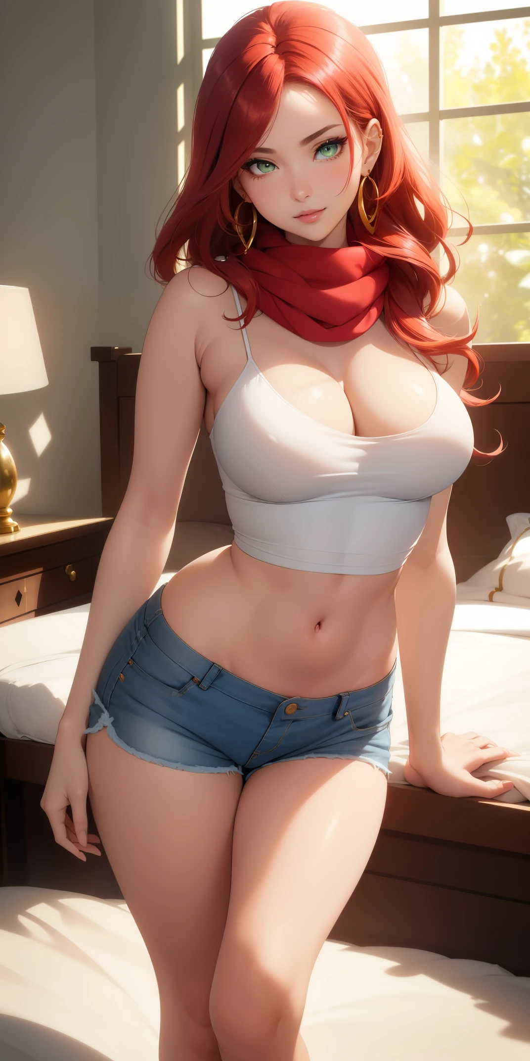 Medium and round breasts, she is an adult woman ((she is beautiful and cute)), (long red hair, beautiful earrings, cute scarf in her hair), double eyelids, greenish eyes, clear and detailed, hyper detailed, light effect in the eyes, detailed iris, sensual body, ((beautiful strap blouse, short and tight shorts, delicate and elegant jeans with beautiful details, beautiful and cool)), ((masterpiece, hyper realistic, hyper detailed, best quality, 16k , light and shadow on the skin, bright colors)), eyeliner, thin eyebrows, sensual expression, perfect lips, innocent and sexy face, ((skin with light and shadow), beautifully seductive and embarrassed woman, passionate expression, passionate smile (( she is a beautiful woman with a beautiful body)), flirting with the viewer, beautiful, charming, ((in the bedroom)), (body tilt) ((elegant sensual pose: 1.3))