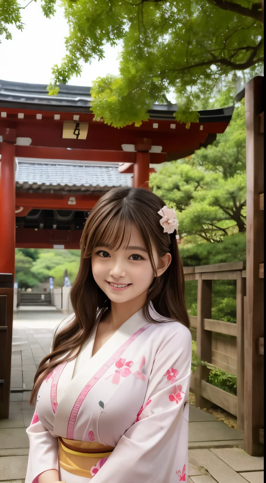  shrine、kimono、miko、Standing in front of the torii gate with the shrine behind、 Sakimi-chan,, nice and cute, innocent smile,  , nice smile, Sakimi-chan HDRI、loli big breasts、,(Big breasts that are about to burst:1.20),(beautiful big breasts 1:1)、brown hair、brown hairの髪、flower decoration on head、beautiful eyes、little girl with short bob