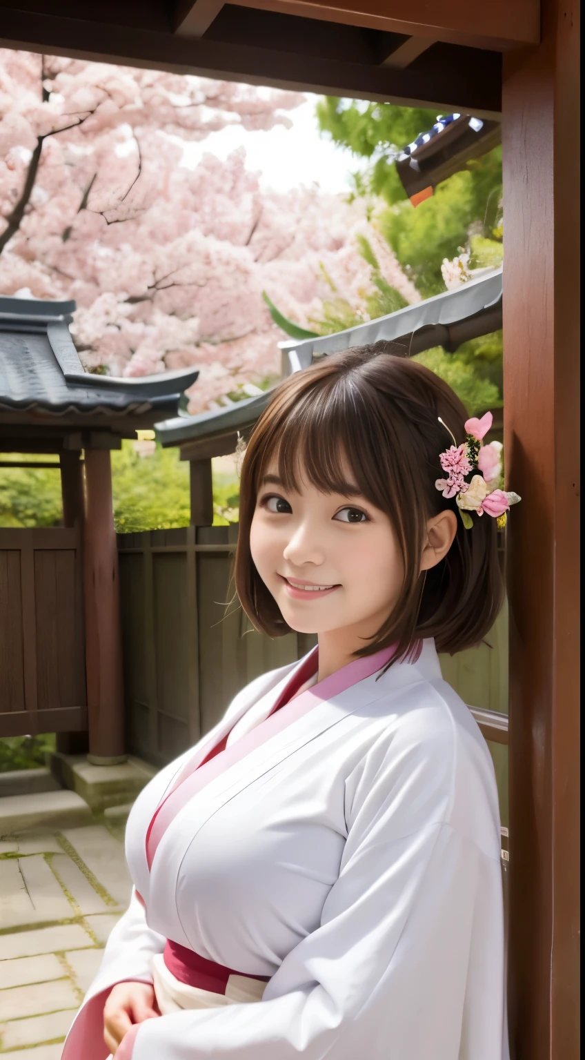 shrine、kimono、miko、Standing in front of the torii gate with the shrine behind、 Sakimi-chan,, nice and cute, innocent smile, , nice smile, Sakimi-chan HDRI、loli big breasts、,(Big breasts that are about to burst:1.20),(beautiful big breasts 1:1)、brown hair、brown hairの髪、flower decoration on head、beautiful eyes、little girl with short bob