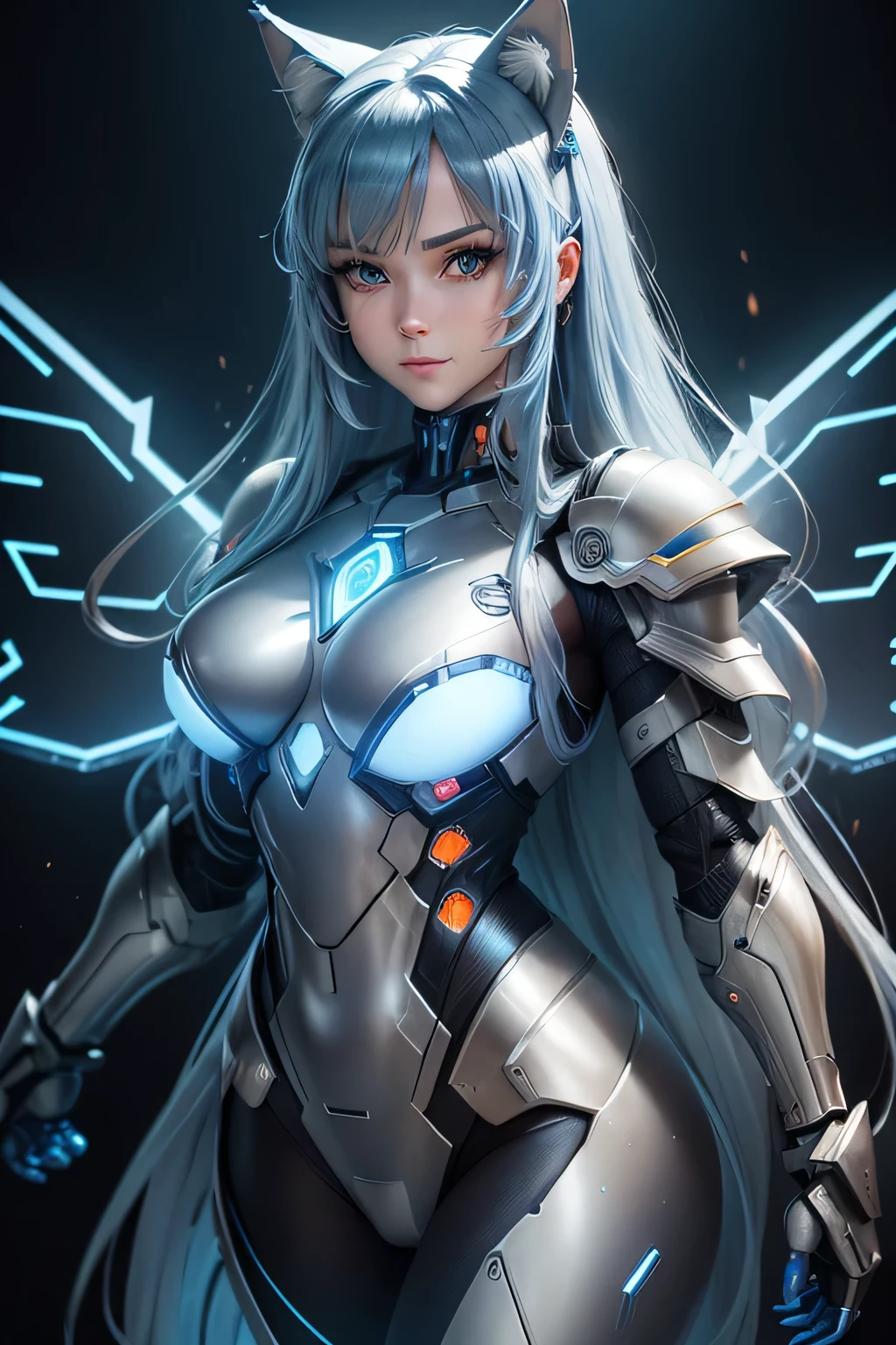 Masterpiece, best_quality, super_detailed, illustration, cinematic_lighting, sharp_focus, ((1girl)), ((long_hair)), ((blue_cat_ears)), ((blue_hair)), blue_eyes, expressive_eyes, beautiful smile, high_detailed_eyes, perfect_face, beautiful_detail_face, full_body ultra_high_quality_model, ((Cyborg_armor_suit)), ((both hands also have the led light)), ((Large_wings_made_of_metal)), blue_neon_light