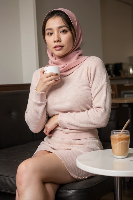 (Best quality, high resolution, masterpiece: 1.3), a beautiful korean woman in hijab, big breasts, sweatshirt, sitting on the bed, 30 years old, big breasts, wearing Floral Silk Tight Malay Gamis Pastel Close Up Tight Hijab, Full Body, Beautiful Shy Smile, Wearing Headphones, In Luxurious Bedroom