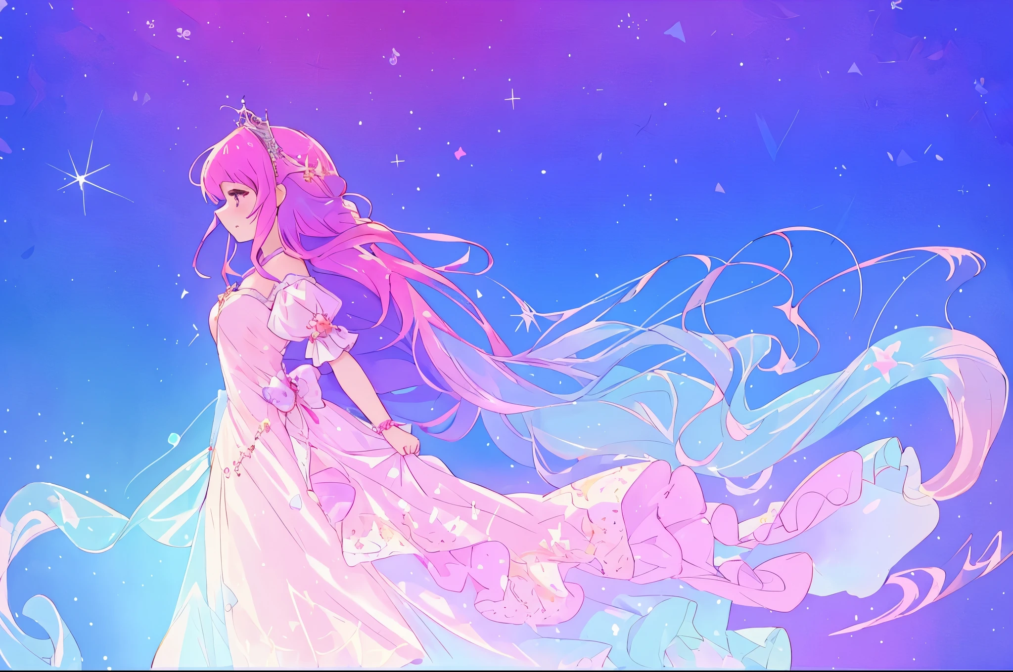 anime girl with long flowing hair, sparkling puffy princess ballgown with sheer sparkling fabric, colorful fantasia background, liquid watercolor, liquid dress, beautiful anime art style, ethereal, inspired by Glen Keane, inspired by Lois van Baarle, disney art style, masterpiece, best quality, sharp focus, intricately detailed