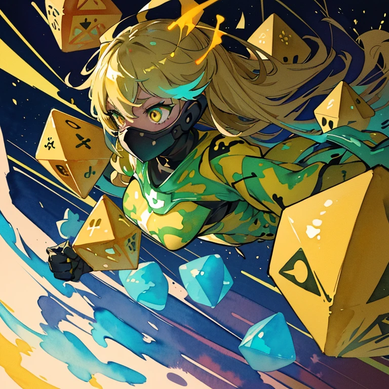 optical camouflage dust girl 、amazing dynamism、amazing angle、unstable buoyancy sandstorm、((((Lots of friendly pentagons floating and glowing to chase you))))((Surrounding each other with random colored watercolor paint))