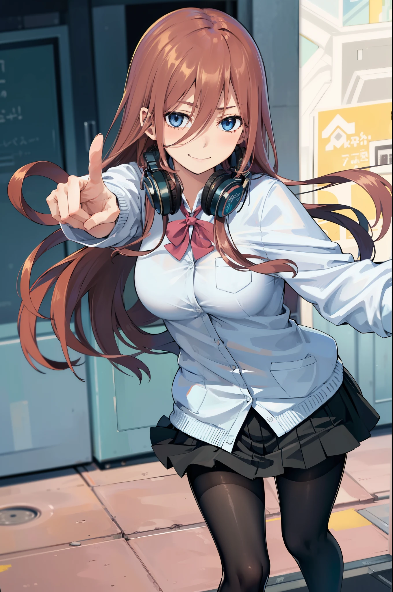 (masterpiece), best quality, expressive eyes, perfect face, highres, 1 girl, solo, miku nakano, long hair, bangs, blue eyes, brown hair, shirt, hair between eyes, headphones, cardigan, headphones around neck, skirt, shirt, long sleeves, white shirt, pantyhose, pleated skirt, black pantyhose, cardigan, green skirt, blue cardigan, outdoor, schoolyard, smiling, leaning forward, pointing at the viewer, a raised finger,standing, portrait, looking at the viewer