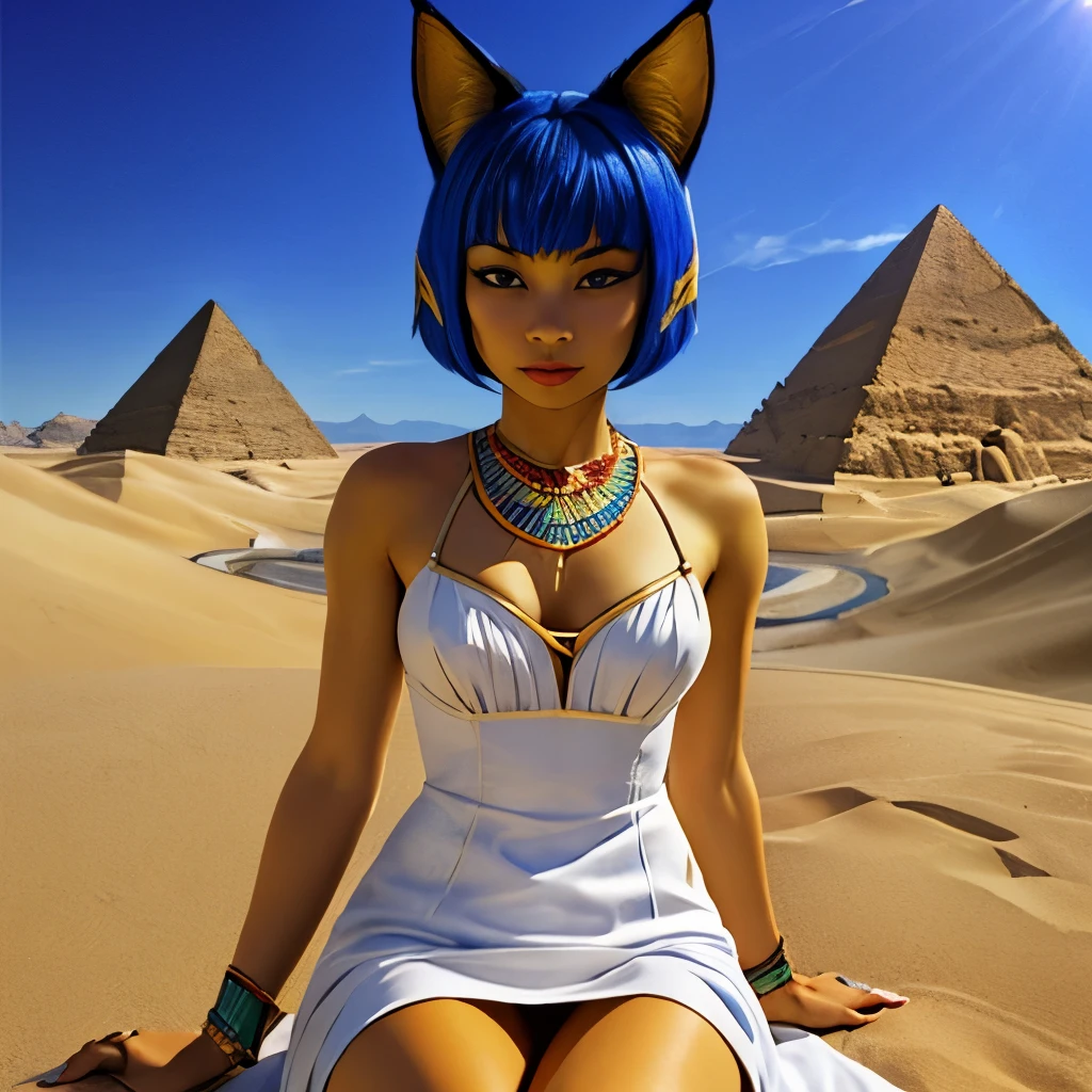 masterpiece, best quality, ultra-detailed, illustration, epic lighting, cinematic composition, 1girl, humanoid, human, ankha (animal crossing), yellow skin, cat tail, cat ears, short blue hair, bangs, white dress, sitting, large breastrom below:1.1), cowboy shot, (looking at viewer:1.1), outdoors, desert, sand, oasis, palm trees, river, pyramid, (8k:1.1)