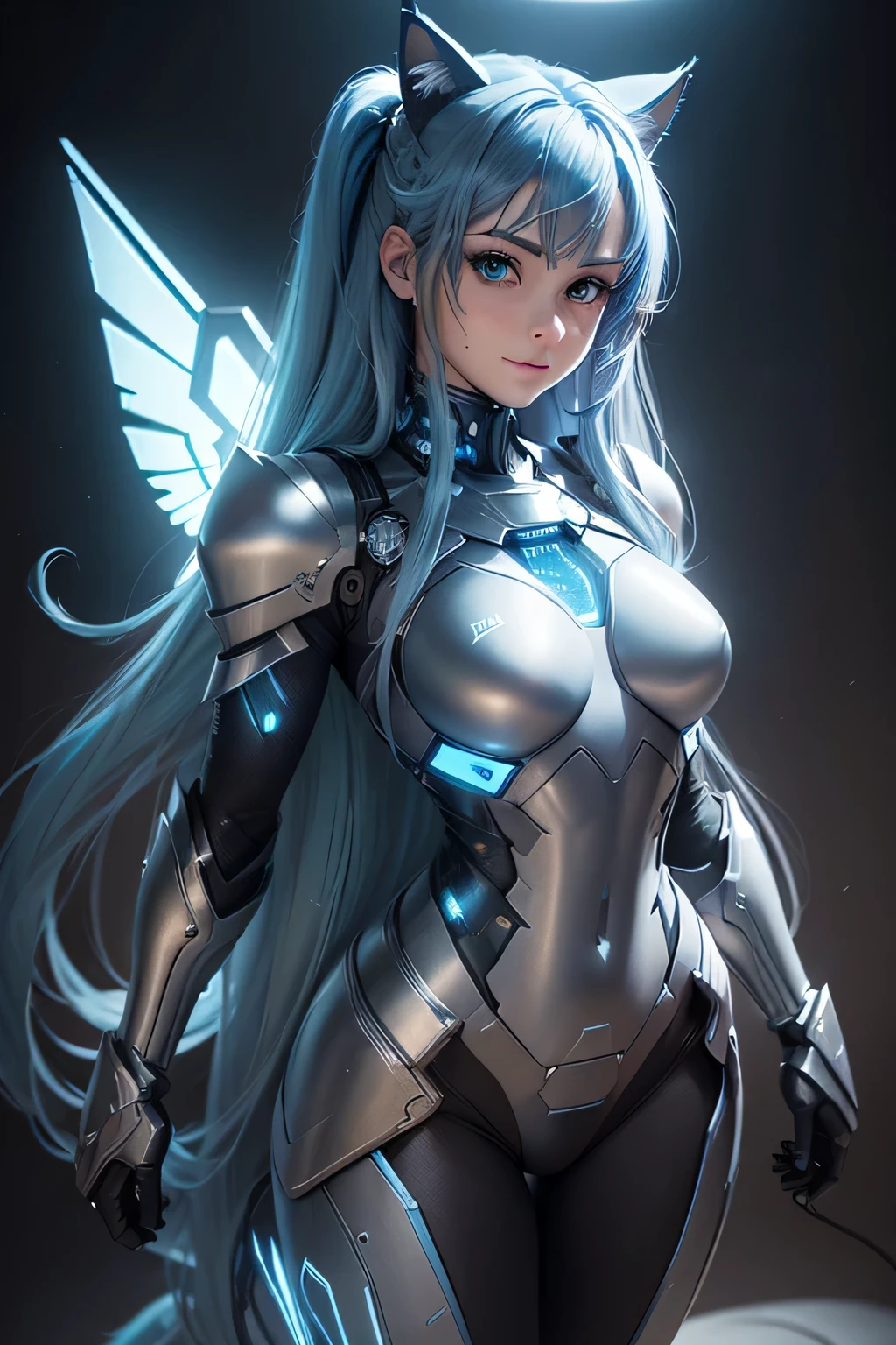 Masterpiece, best_quality, super_detailed, illustration, cinematic_lighting, sharp_focus, ((1girl)), ((long_hair)), ((blue_cat_ears)), ((blue_hair)), blue_eyes, expressive_eyes, beautiful smile, high_detailed_eyes, perfect_face, beautiful_detail_face, full_body ultra_high_quality_model, ((Cyborg_armor_suit)), ((both hands also have the led light)), ((Large_wings_made_of_metal)), blue_neon_light