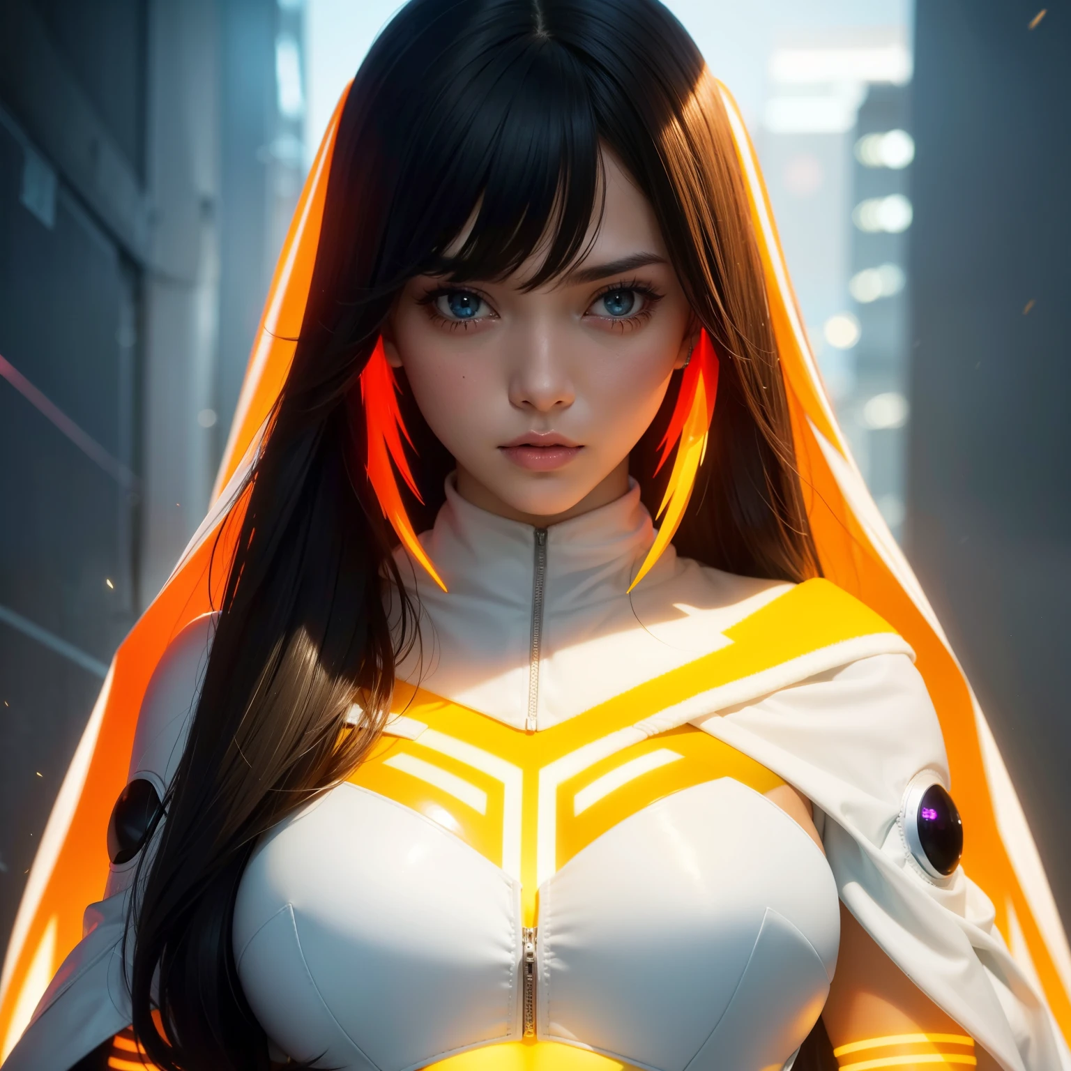 Bust to waist ((perfect beauty face)) perfect skin, hyperrealistic masterpiece, Superheroine woman ((fringe glowing colorful)) in extremely complex & superdetailed tight plugsuit ((with white cape)), sharp focus, cinematic illumination: 8k, (((neos-cyberpunkcore aesthetic style::1)))