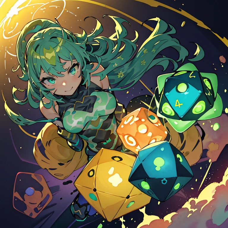 Bouncing optical camouflage dust girl 、amazing dynamism、amazing angle、unstable buoyancy sandstorm、((((Lots of friendly pentagons floating and glowing to chase you))))((Surrounding each other with random colored watercolor paint))