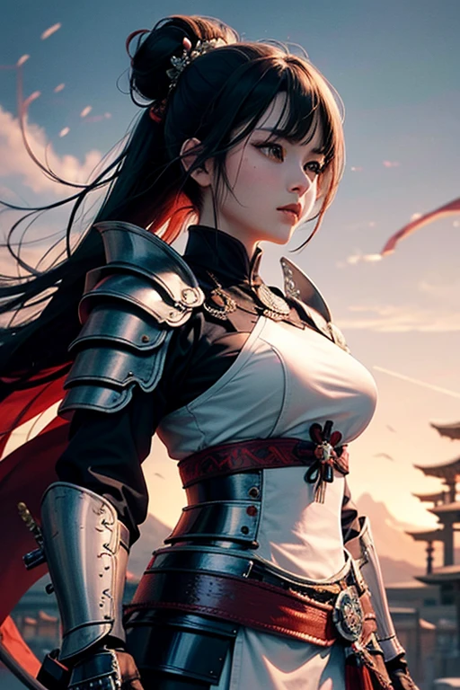 Extreme details, perfect face, medium breasts, black hair in a bun, white armor, samurai armor, unseath katana, heroic posture, samurai flags, rising sun, warm lighting