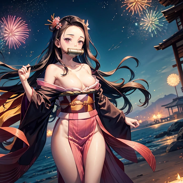 fireworks, kamado nezuko, aerial fireworks, 1girl, gag, breasts, bit gag, japanese clothes, kimono, night, long hair, cleavage, sash, obi, gagged, collarbone, bare shoulders, night sky, solo, pink kimono, forehead, off shoulder, purple eyes, looking at viewer, brown hair, sky, outdoors, very long hair, bamboo, medium breasts, standing, open clothes, black hair