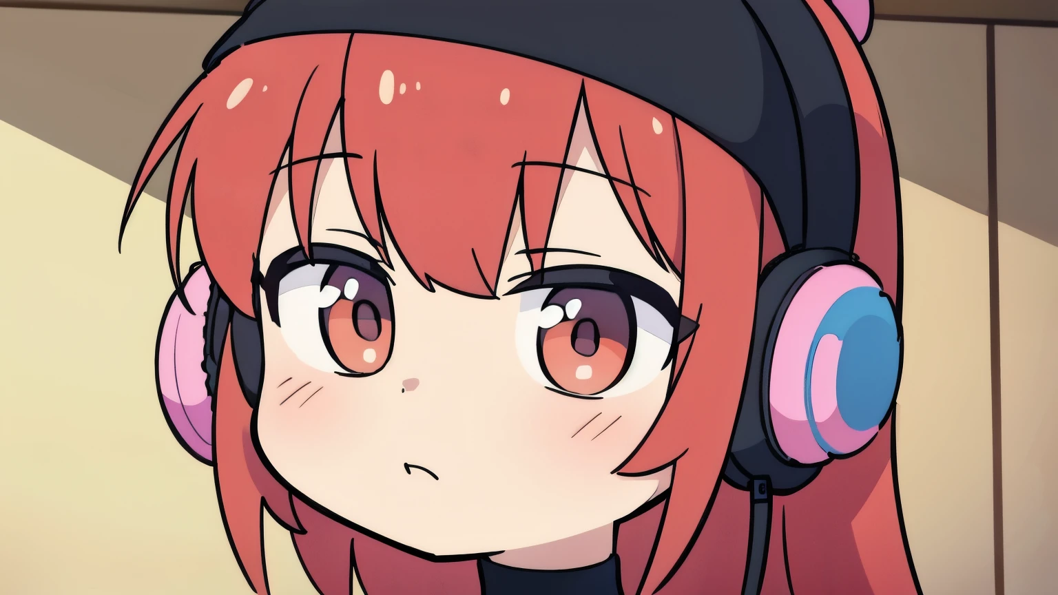 there is a woman sitting on the chair with headphones on her head listening to music, photo taken in the bedroom, digital anime illustration, portrait of Lofi , 4k anime style, girl wearing headphones on her head , Praise Artstyle, with headphones on her head, anime style. 8k, wearing headphones on head, anime illustration style, lofi girl, listening to music, headphones on head, high quality portrait, realistic art style, fanart girl, anime portrait style, cozy room, redhead
