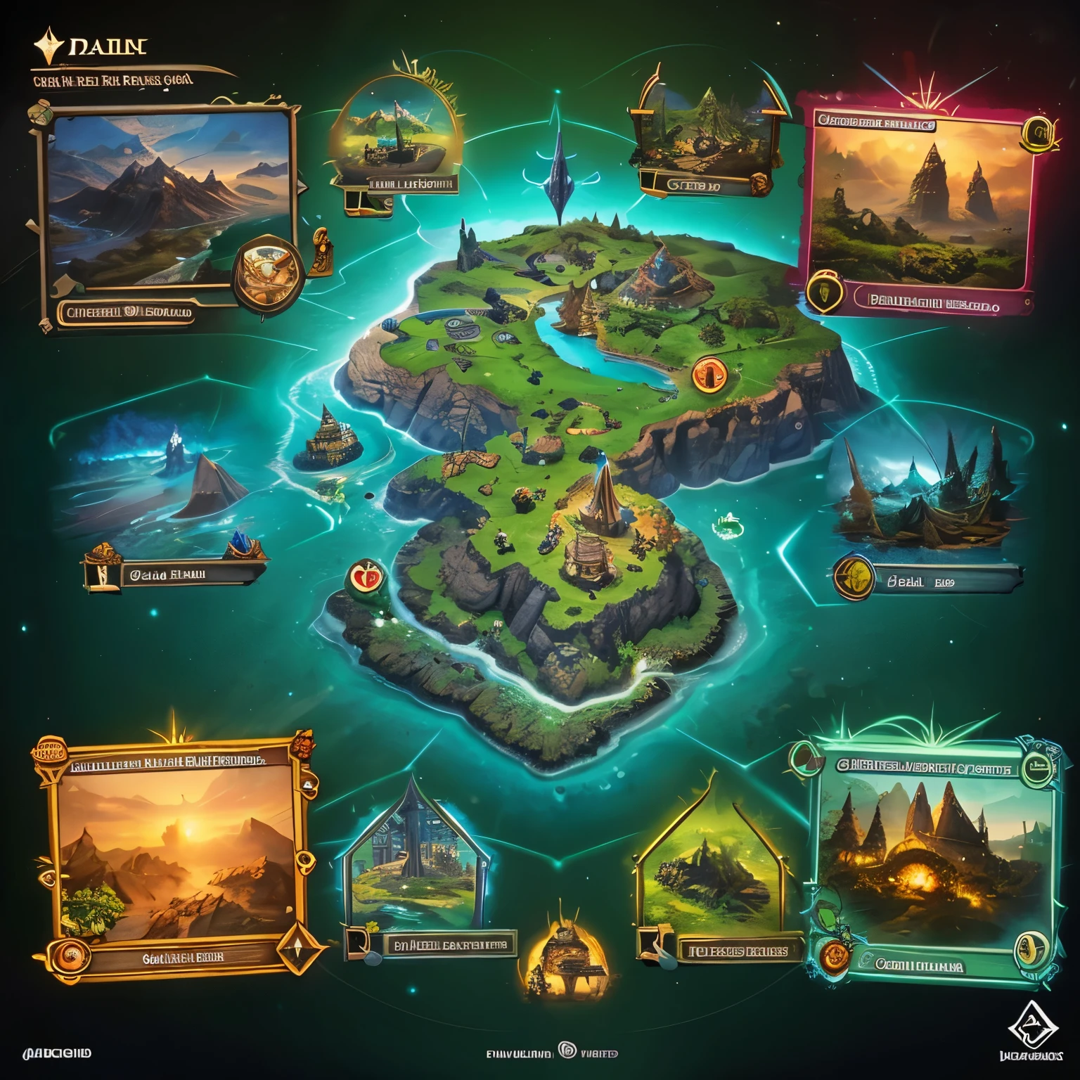 Crie um modelo para cartas de um jogo, inspirado no estilo de Magic: The Gathering. Develop vivid, detailed illustrations to represent creatures, spells and lands. Be sure to include areas for essential information, como nome, custo, skills and description, garantindo que o design seja intuitivo e atraente. Explore a cohesive theme or fictional world to unify the card set, providing an immersive experience to players