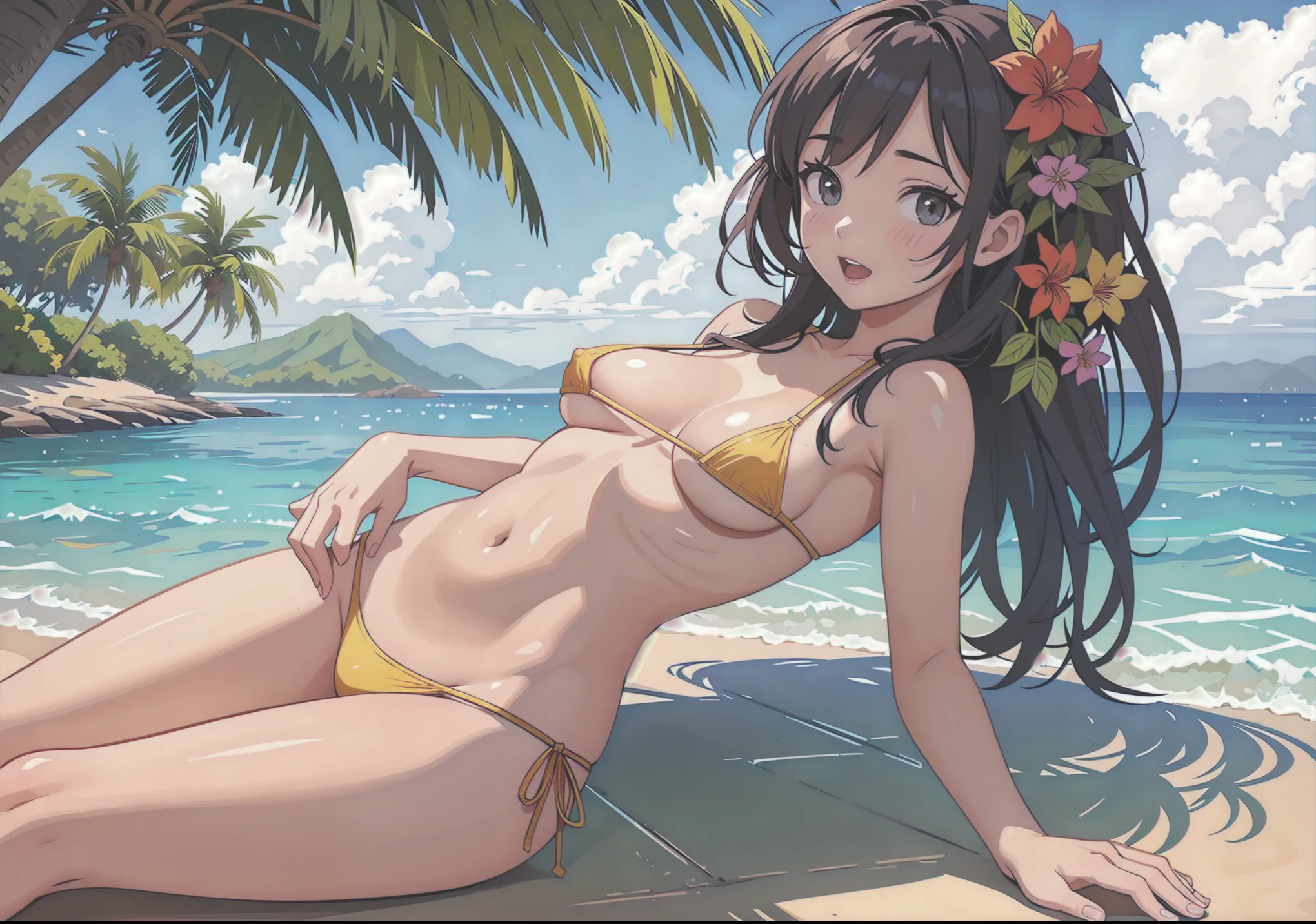 NSFW, (masterpiece,best quality:1.4),
high resolution, super fine illustration,
extremely cute and beautiful 10girls, All 18 year old,
They all wear colorful bikinis,
detailed skin, detailed face, detailed eyes,
slim, skinny thigh,
(Huge breasts:1.2), (Erect nipples), (underboob),
(Micro Bikini:1.2), (mini bikini:1.3), (thong:1.2), tanline,
Frolicking on the beach,
highly detailed back ground, beach, in the Oahu Hawaii,
Natural lighting,
beautiful sea,
Blue sky,
Summer Landscape,
Colorful Flowers,
(Perfect Anatomy), (Perfect hands), (Perfect fingers)