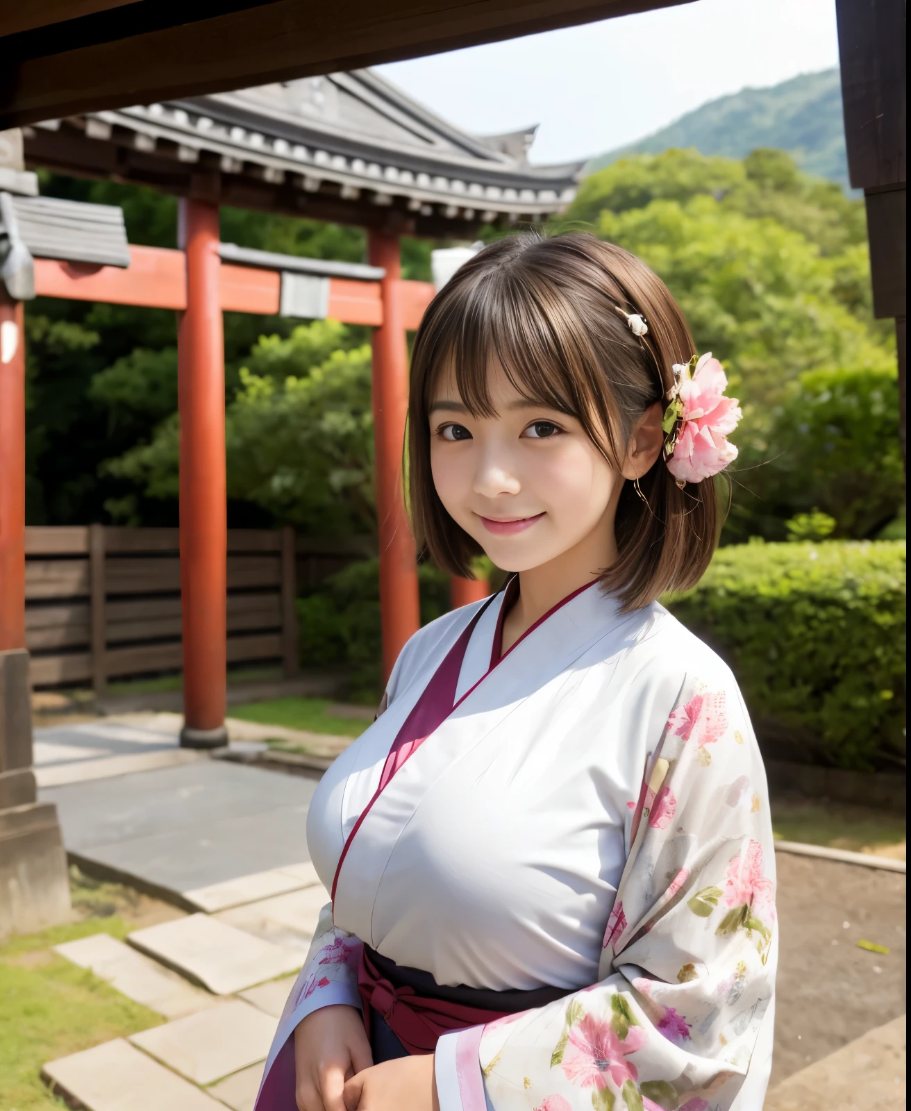  shrine、kimono、miko、Standing in front of the torii gate with the shrine behind、 Sakimi-chan,, nice and cute, innocent smile,  , nice smile, Sakimi-chan HDRI、loli big breasts、,(Big breasts that are about to burst:1.20),(beautiful big breasts 1:1)、brown hair、brown hairの髪、flower decoration on head、beautiful eyes、little girl with short bob