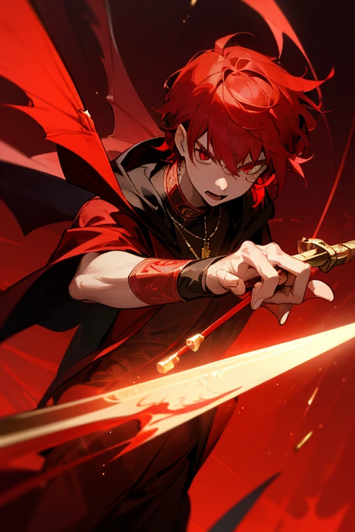 ultra-detailed, vampire, male, red eyes, red hair, short hair, wears a crimson outfit with gold decorations, wings appearing, wears a necklace with a rosary, wears a black cape with red decorations, in his hand is a blood sword, the cloth is a crimson sky, a face, ethereal lighting, mystical atmosphere, vibrant colors