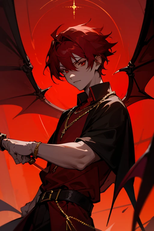 Teenage male demon, red hair, clawed hands, medival outfit, determined look, standing on path, with a chained belt