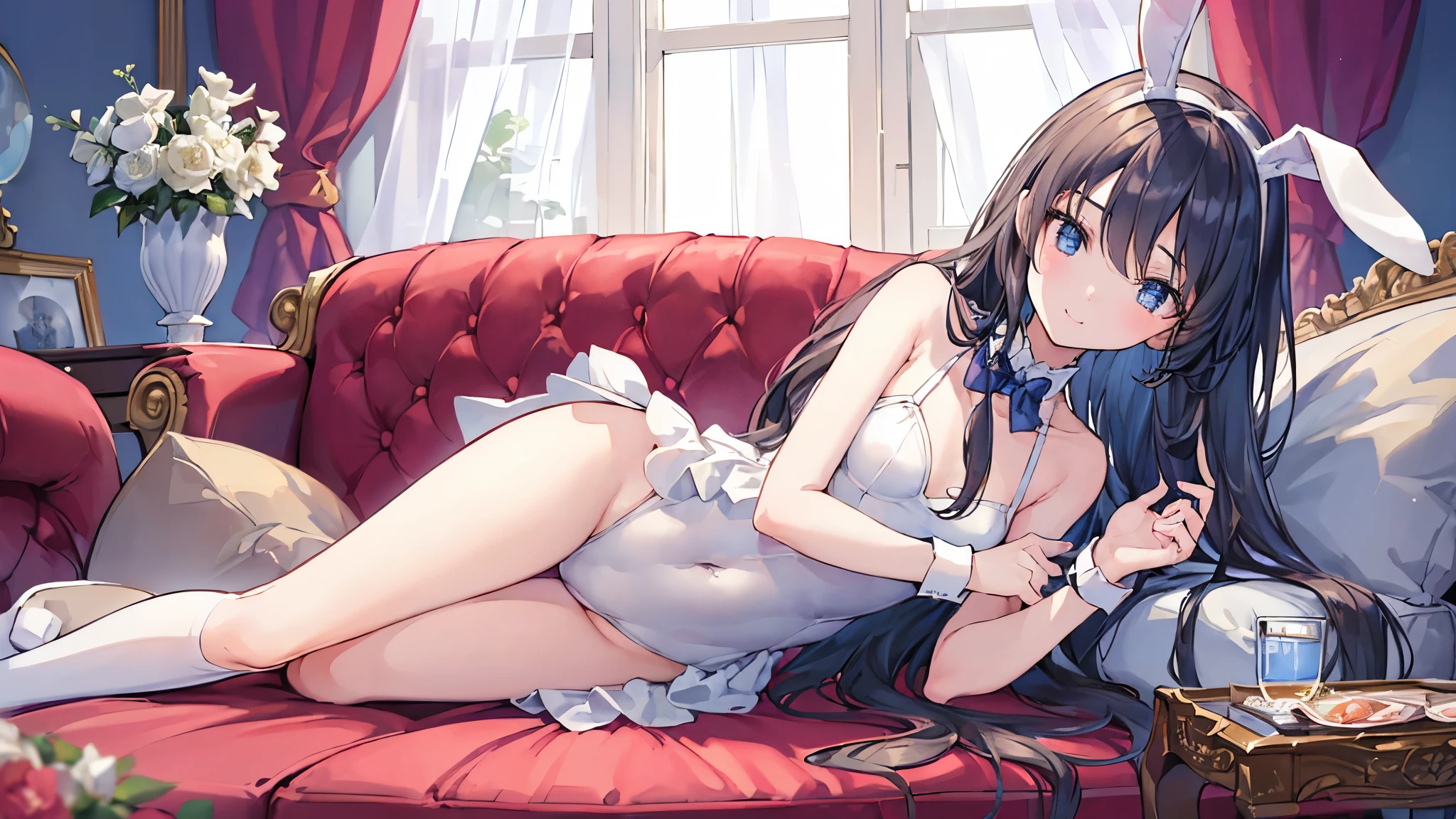 ((masterpiece、4k、8k、highest quality、perfect fingers: 1.3、perfect anatomy: 1.3、background blur))、((two super cute petite girls))、((super beautiful leotard、Bunny girl、、a beautiful slender girl、straight long hair:1.1))、(Beautiful big drooping eyes)、smile、knee high socks、((Angle taken from the subject's perspective))、aristocratic mansion、spacious room、luxury sofa、