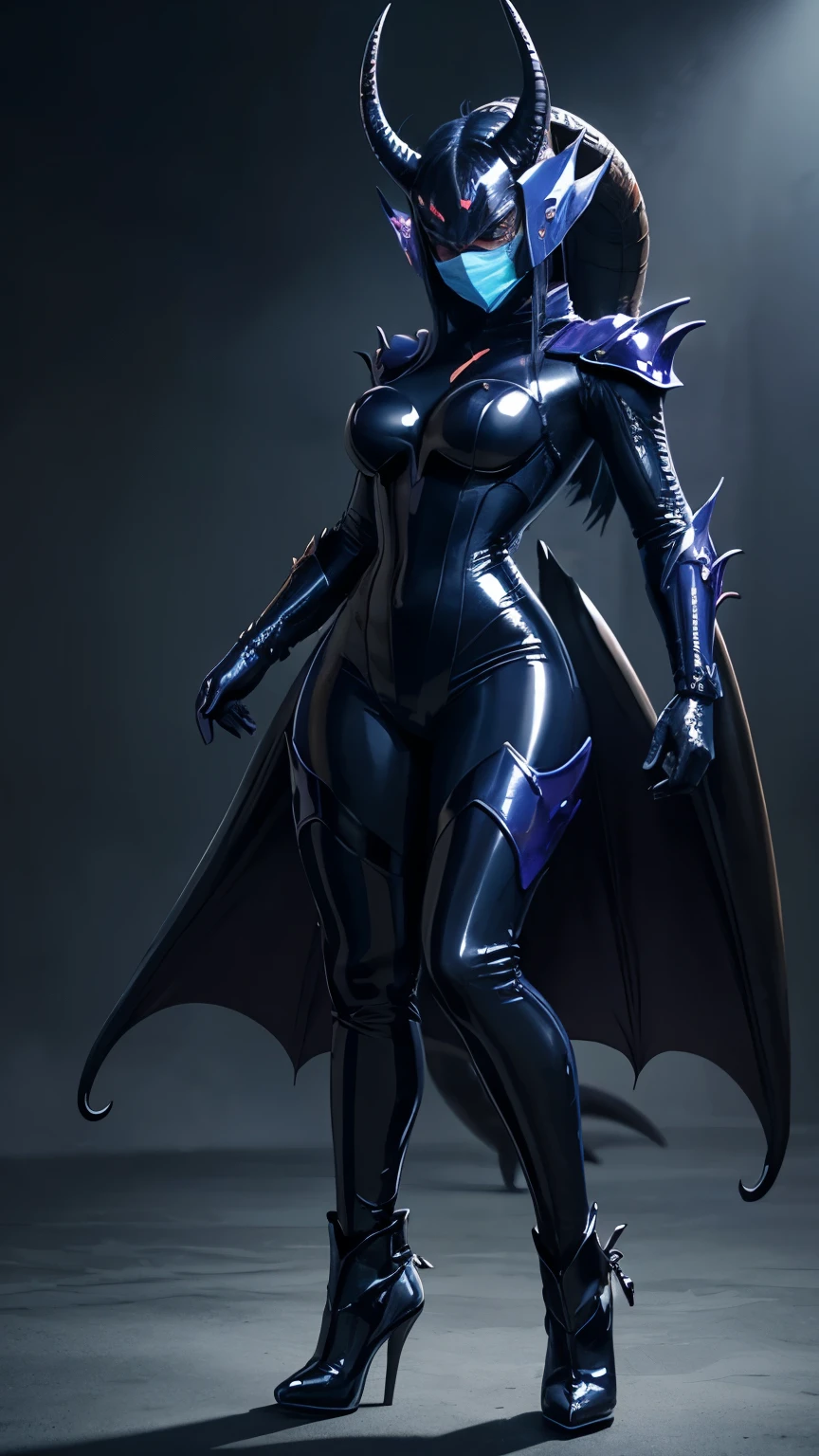 Woman wears Dark blue dragon latex suit.dragon muzzle mask open eyehole through woman’s brown eyes.dragon face.dragon long muzzle mask with fang.full body figure.shining luster cyber scales suit with stripes.she is shouting.stink luster costume.Long tail.she has horns.hands are dragon claws.she squats down.full body latex.dancing.background is cyber city.gothic.