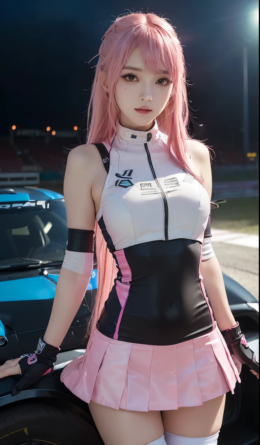 (solo), (full-length detailed photo of a girl in RAW format), (masterpiece: 1.0), (best quality: 1.4), (ultra-high resolution: 1.2), (photorealistic: 1.4), 8k resolution, Canon EOS R5, 50mm, absurd, ultra-detailed, (18 years old), sharp focus, cinematic lighting, detailed beautiful face, (thick makeup), (ulzzang-6500-v1.1), miniature figure, detailed skin texture, pale skin, flat chest, (pale, (thin and toned body: 1.3),  gap between thighs, detailed long blonde hair, disheveled hair, (Avril Lavigne: 0.7), smile, (futuristic fashion, streetwear, high-tech fabrics, racing suit, fireproof material, elbow and knee pads, racing gloves: 1.1), contrapost, (Kpop idol), (azur lane\), cityscape, outdoor, ((white + pink theme)),