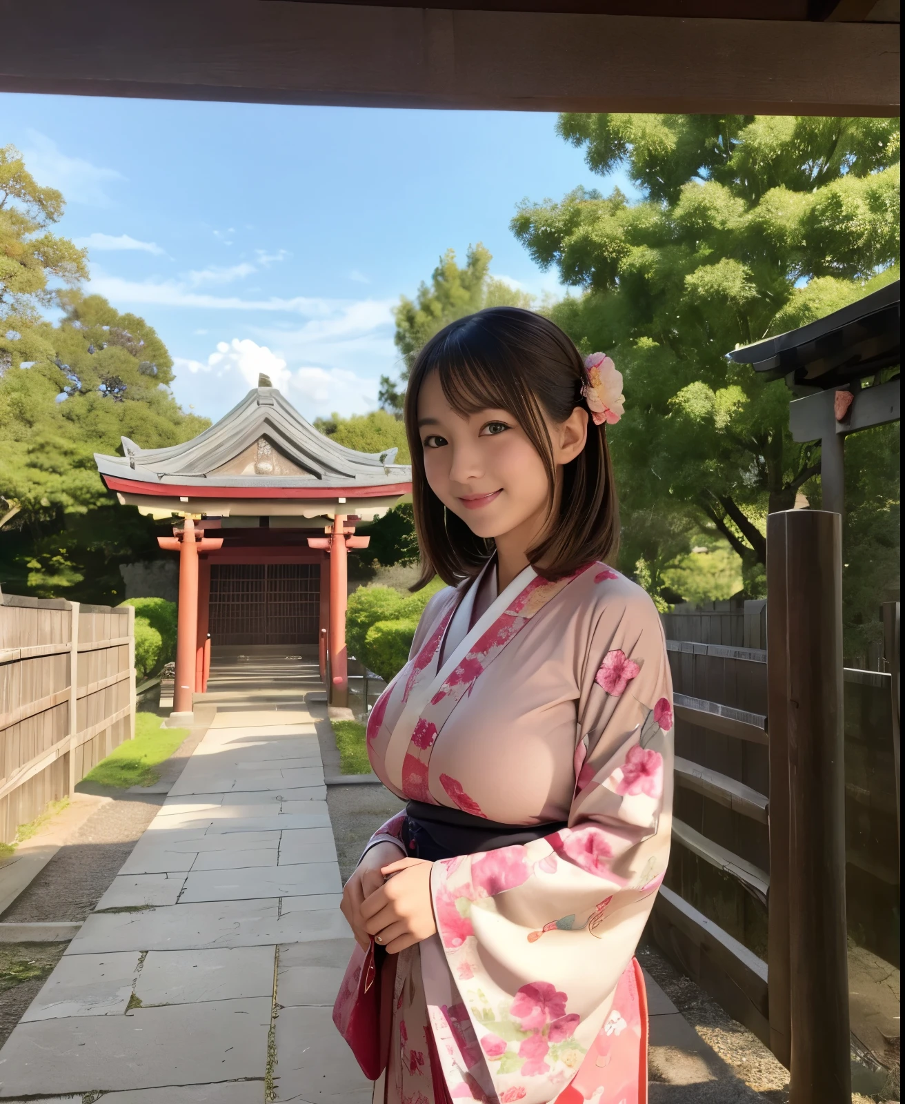  shrine、kimono、miko、Standing in front of the torii gate with the shrine behind、 Sakimi-chan,, nice and cute, innocent smile,  , nice smile, Sakimi-chan HDRI、loli big breasts、,(Big breasts that are about to burst:1.20),(beautiful big breasts 1:1)、brown hair、brown hairの髪、flower decoration on head、beautiful eyes、little girl with short bob