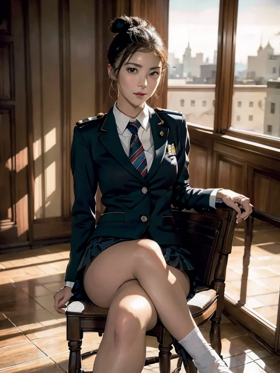 Top Quality, Photorealistic, 8K, High Definition, 1 Girl, Female, (1.8), School, Schoolgirl, Blazer, Uniform, Pubic hair visible, No , Skirt boldly pulled up, ((Sit in chair and legs wide open)), Bend your knees and open your legs, Slightly shorter hairstyle, Grab your knees with your hands to open your legs, Buttoneirt flutters