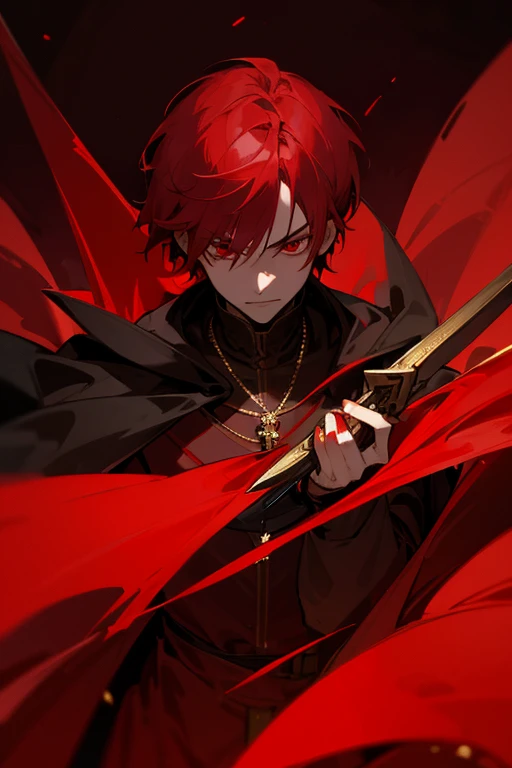 ultra-detailed, vampire, male, red eyes, red hair, short hair, wears a crimson outfit with gold decorations, wears a necklace with a rosary, wears a black cape with red decorations, in his hand is a blood sword , the cloth is a crimson sky, a face, ethereal lighting, mystical atmosphere, vibrant colors