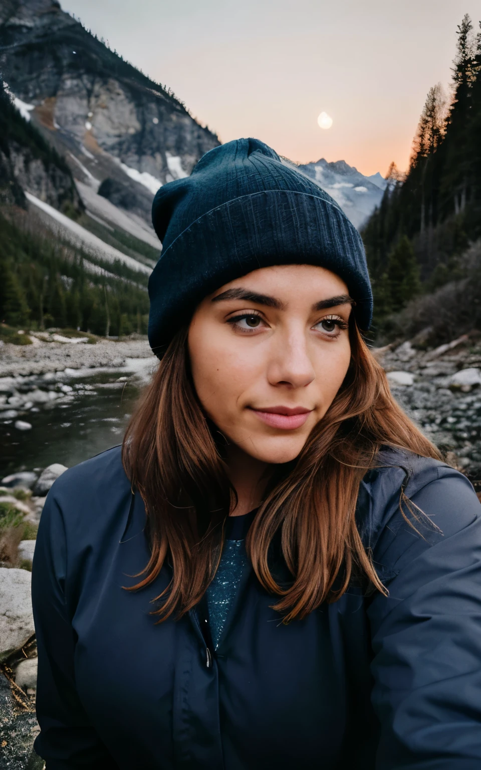 photorealistic, best quality, hyper detailed, beautiful woman, selfie photo, upper body, solo, wearing a dark blue combat shirt, outdoors, (night), mountains, real life nature, stars, moon, (cheerful, happy), sleeping bag, gloves, sweater, beanie, flashlight, forest, rocks, river, wood, smoke, fog, clear sky, analog style, looking at viewer, skin texture, film grain, close up, ultra high res, best shadow, RAW, instagram LUT,