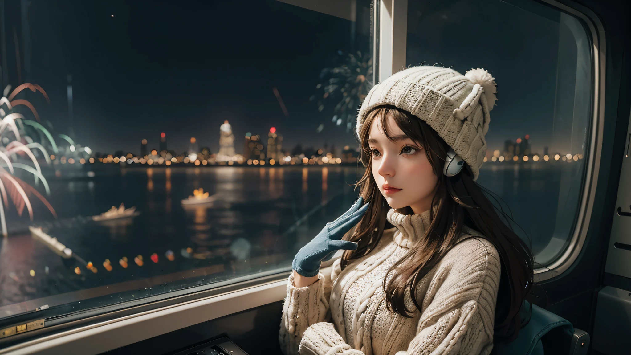 lofi relaxed one brunette girl with headphones flies in helicopter, looks in awe through window, head glued to window. winter night. beautiful landscape of statue of liberty with (fireworks) in night sky.. travel. tourist. sweater, gloves, winter hat. long hair. new year eve